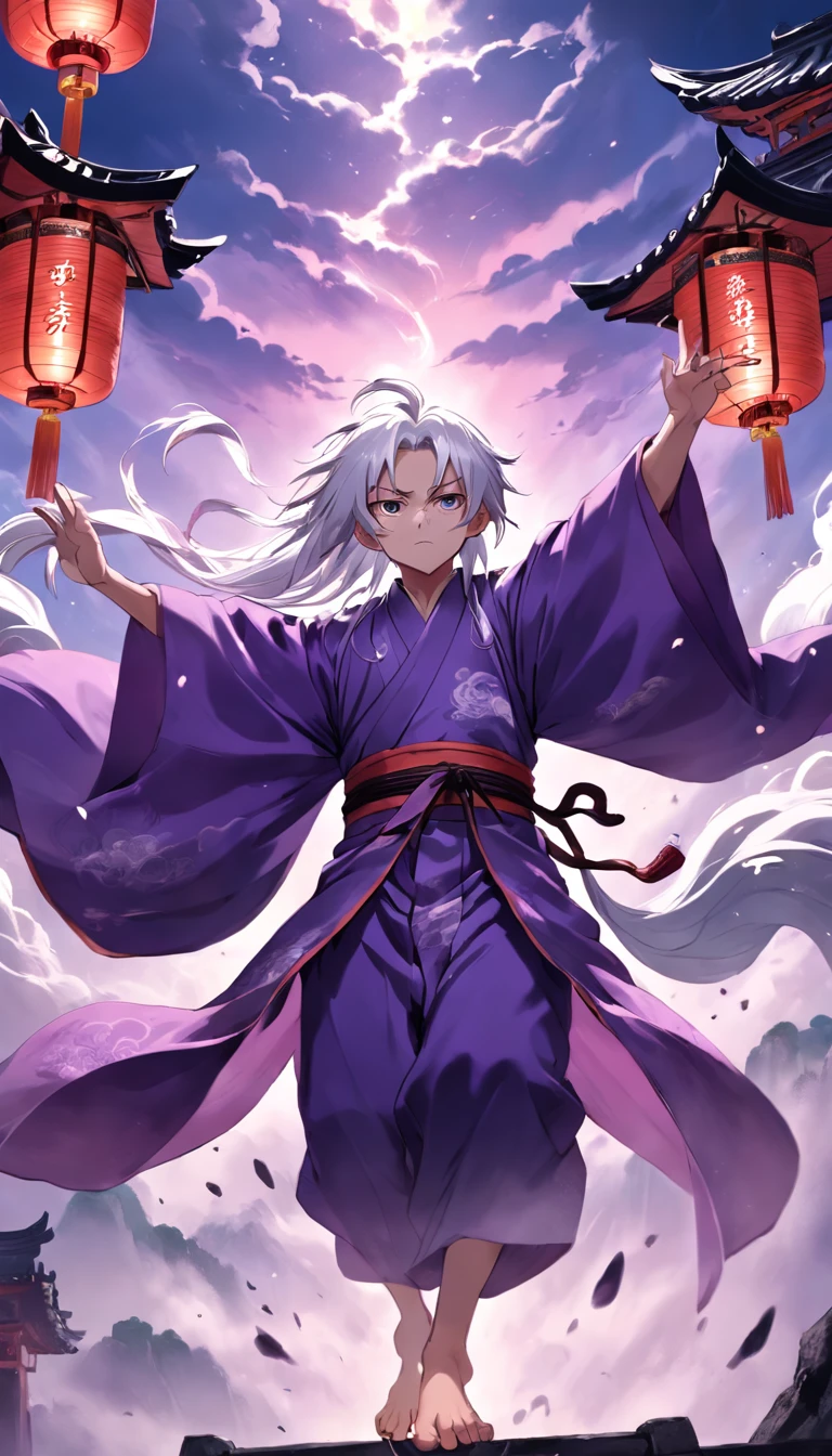 A boy with long white hair，Wearing a purple Chinese-style robe suspended in the air，The shadow of Zhong Kui looming behind him。