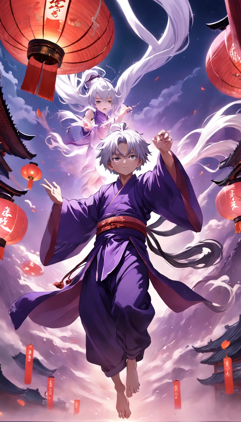 A boy with long white hair,Wearing a purple Chinese-style robe suspended in the air,The shadow of Zhong Kui looming behind him。