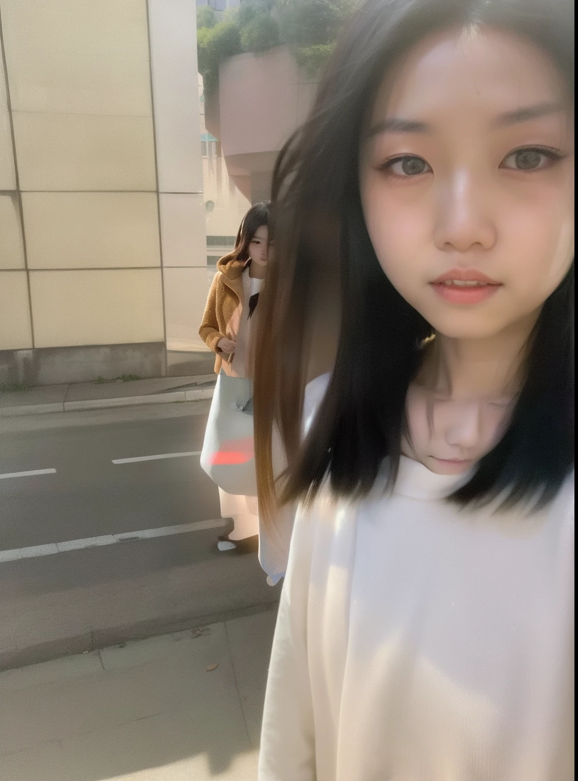 there is a woman that is standing in front of a building, 8k selfie photograph, xintong chen, wenfei ye, very very low quality picture, With long hair, Ruan Jia and Fenghua Zhong, with ivy, young cute wan asian face, with short hair, photo taken with canon 5d, With sunset, chinese artist