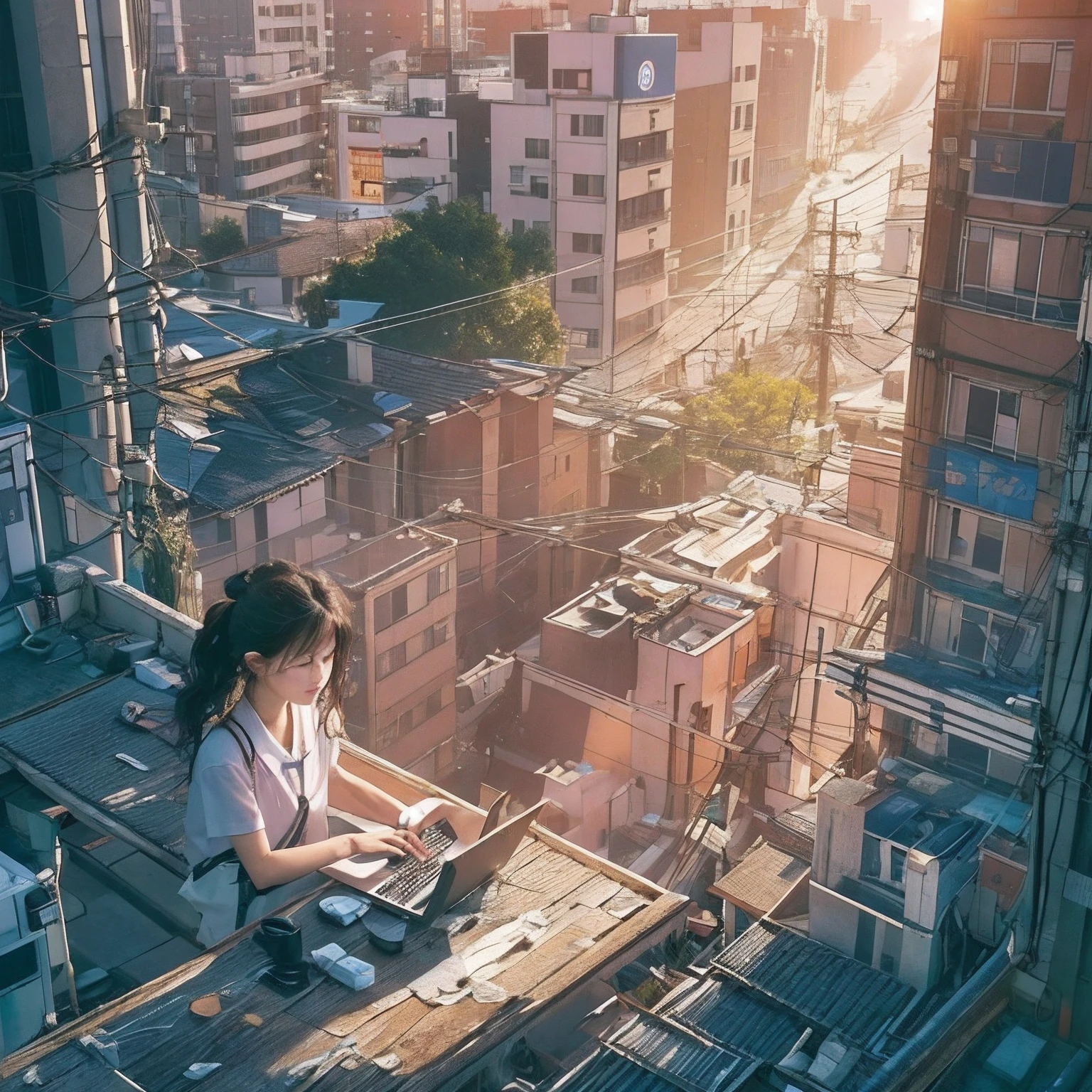 extremely detailed photo、Japan -yeld gioperating a laptop on the roof of a building in Akihabara, tokyo prefecture、There is the city of Akihabara illuminated by the morning sun、She was a middle scwhite shirt wearing black denim、I have long hair、The light of the morning sun is on her dark hair.、Reflecting her laptop illuminated、She operated the laptop and、、I was talking to an AI agent.、Hope in the morning sun、She stares at her laptop with positive hope、She sits on a concrete rooftop floor、with electric wire、with telephone pole、There is a red sign on the right side of the screen、There are detailed buildings illuminated by sunlight、(credibly_absurderes,Huge_filesize:1.37),(​masterpiece:1.37),(top-quality:1.37),(realisitic,Photorealsitic:1.2),Ray traching,Realistic lighting,(illuminations,Glow),((film grains:1.37)),(Exquisite details and textures:1.2),(8K分辨率:1.2),(ultra -detail:1.2),(Sharp Focus 1.2),(Raw photography:1.0),(Beautiful Detail Face、Beautiful Detail Eye、 radiant eyes、long eyeslashes、blush of the nose:1.2)、((((perfect anatomia))))、1girl in、独奏、a beauty girl、(Random hairstyles)、High class、(A slender:1.37)、(cute  face)、(Natural glowing skin:1)、(Detailed natural skin、detailed skin textures、Detailed black hair、Random Hair Styles)、Facial light、(ciinematic light)