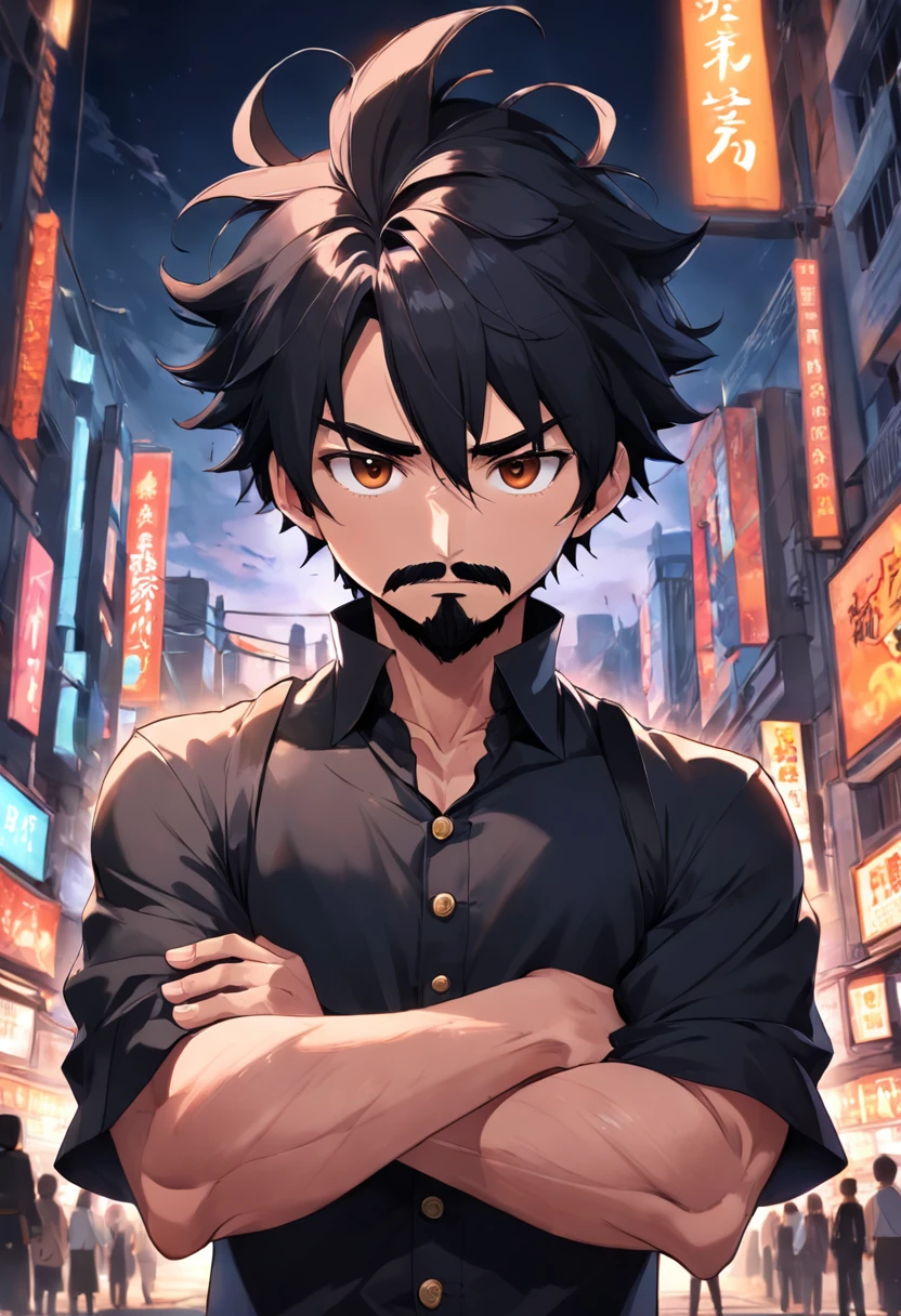anime boy, ruffled topknot, black hair, oval face, black beard and mustache, well-kept beard, hair on the sides shaved in machine 02, black dress shirt, arms crossed, facing the camera, photo taken from the front, face forward , brown eyes, kinda thin nose, 3d pixar style