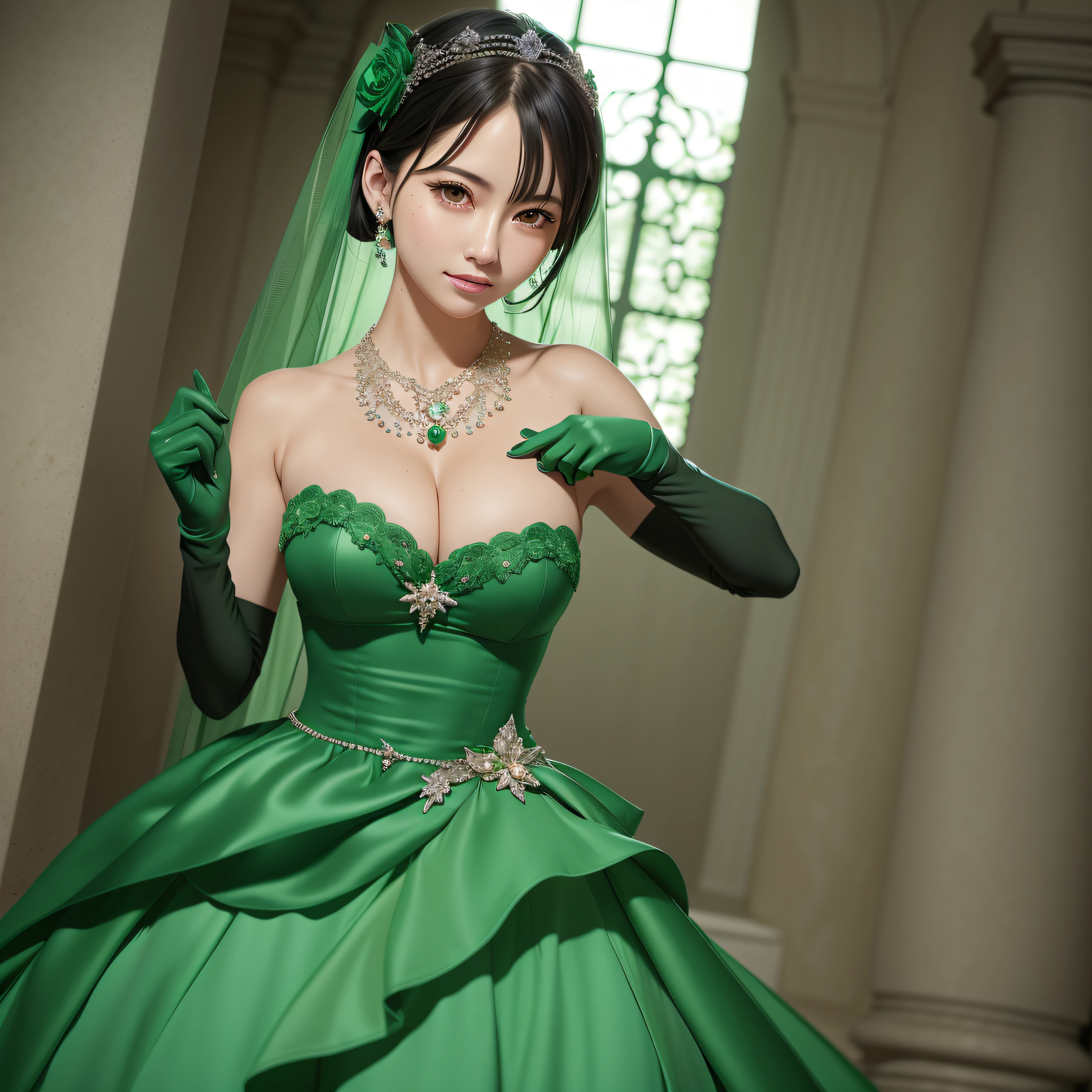 there is a woman in a green dress posing for a picture, elegant glamourous cosplay, royal elegant pose, range murata and artgerm, rei hino as a princess, lady palutena, Anime girl cosplay, glamourous cosplay, a beautiful fantasy empress, cosplay foto, ((a beautiful fantasy empress)), Cute elegant pose, Green dress, Pearl Necklace, Emerald tiara