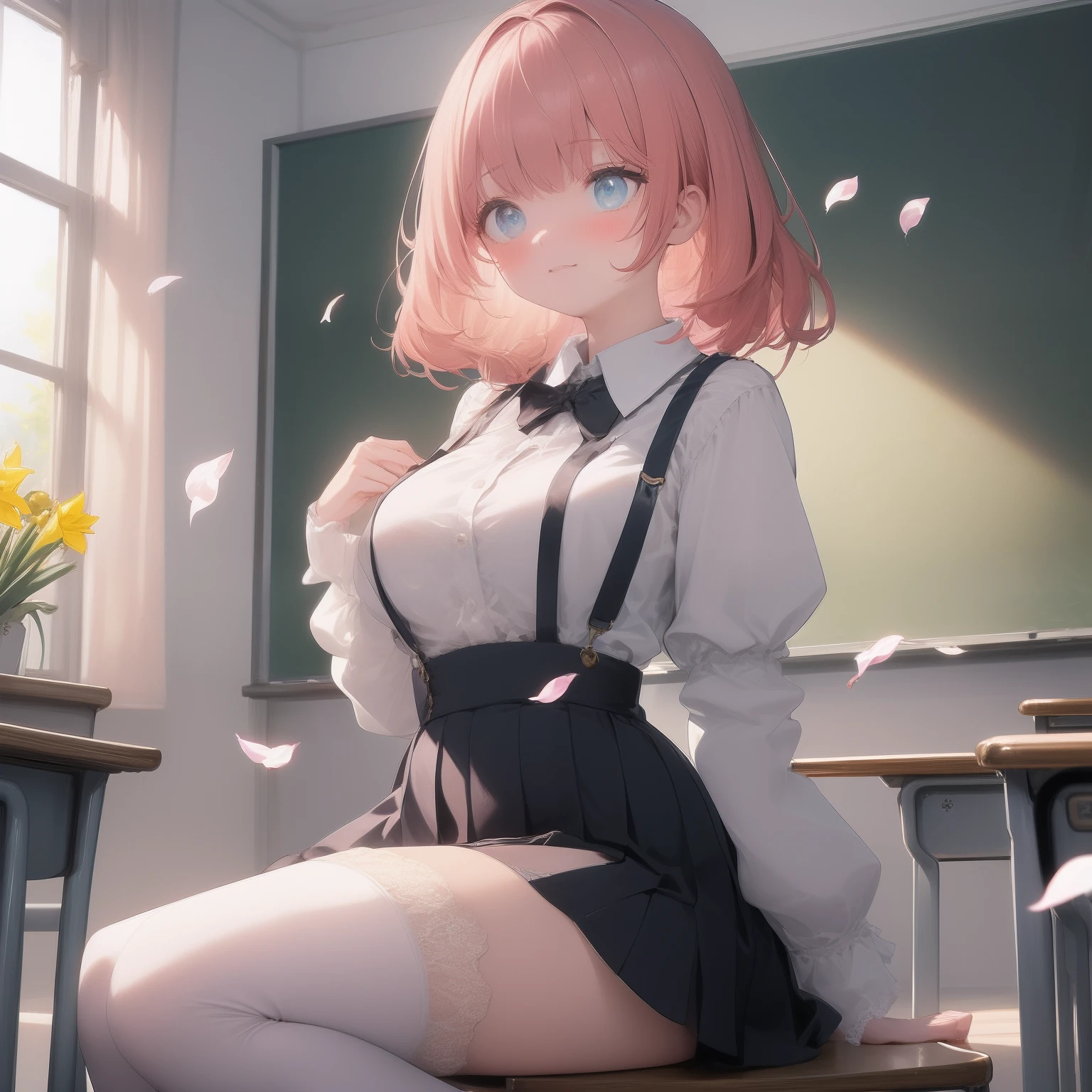 One long hair,girl wearing school uniform,Superskirt,Pink hair,looks away,sitted,embarressed,Be red in the face,weeping,Mouth closed,Classroom(Girl leaking pee girl, Beautiful detailed eyes, pink short hair, Blue clear eyes, , High white stockings, Vivid, flower, daffodil, Hyacinth, Falling petals, , High contrast, ((Masterpiece, Best quality)), Cinematic light,
Lace lace panties,suspender stockings,cleavage,brassier,navel,Sexual suggestiveness,Loves,,lacepantyhose,Thin leg,slimfigure,perspire,pantiess,lifting up skirt,Open breasts,Open thighs)
