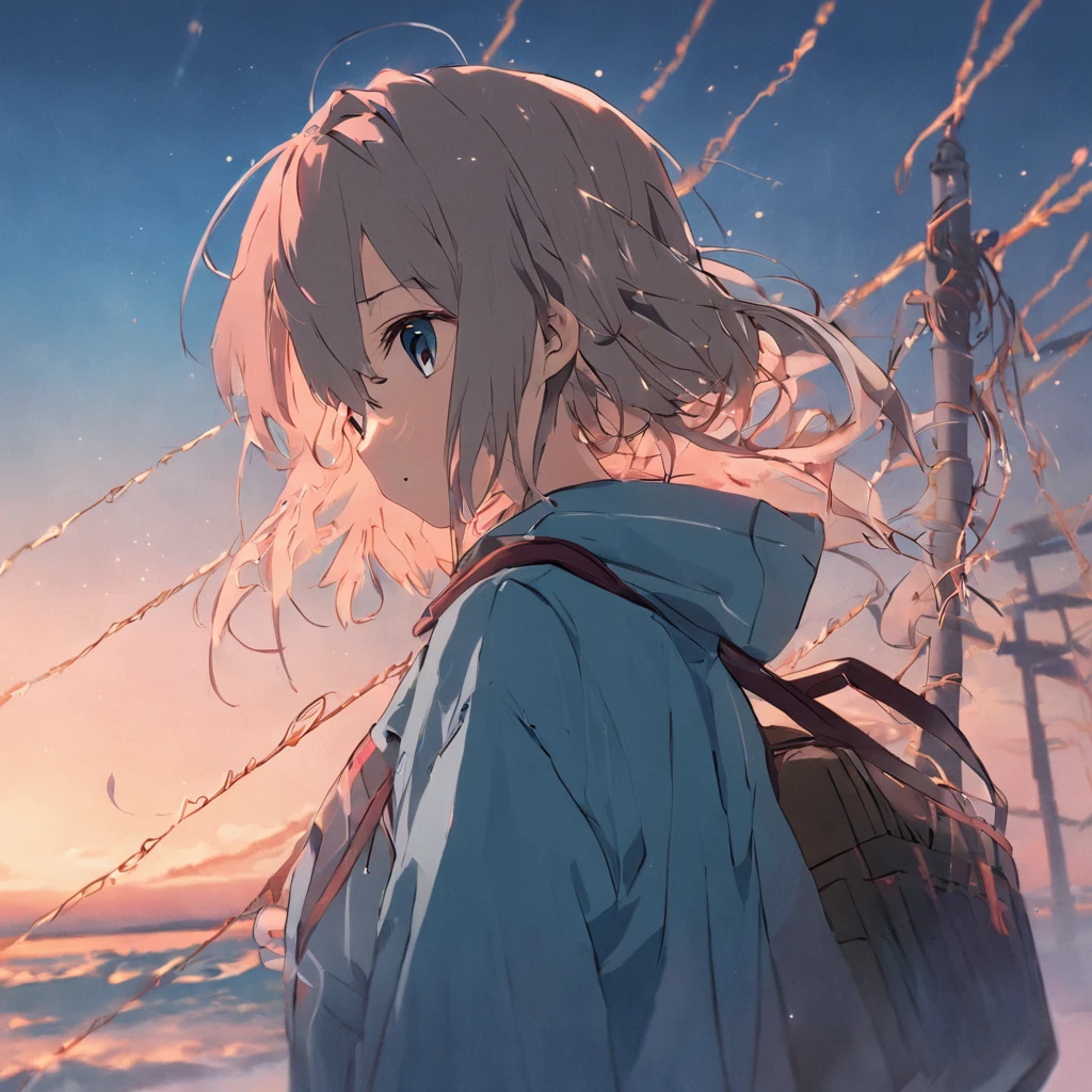 (Realistis),(blue colors, Rooftop, barbed wire, kotori,bookbag,beachside),( reasonable design, Clear lines, High sharpness,Best quality, Very detailed, Masterpiece, movie light effect, 4K )