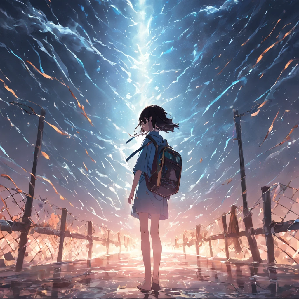 （Realistis），(blue colors, Rooftop, barbed wire, kotori，bookbag，beachside)，( reasonable design, Clear lines, High sharpness,Best quality, Very detailed, Masterpiece, movie light effect, 4K )