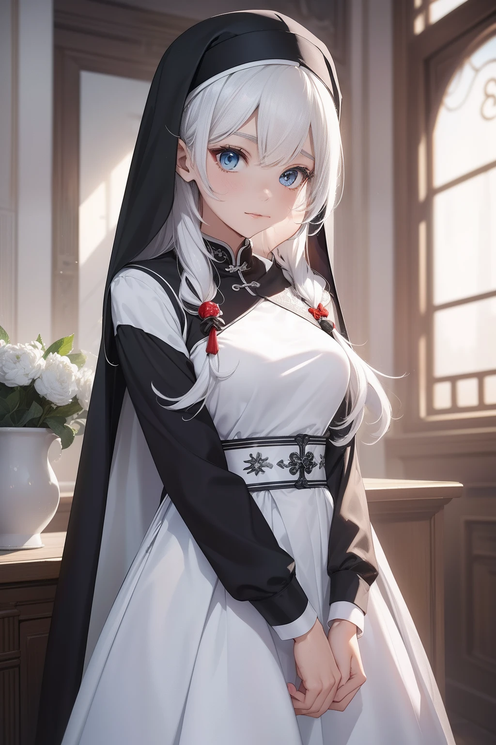 best qualtiy,tmasterpiece,Ultimate Resolution,downy,highly colorful,Colorful,saintess,silver-white long hair,Curly,a matural female,Crop topping,Nun dresses and cheongsam dresses,Metamorphosis is exposed,shanghai,Normal posture