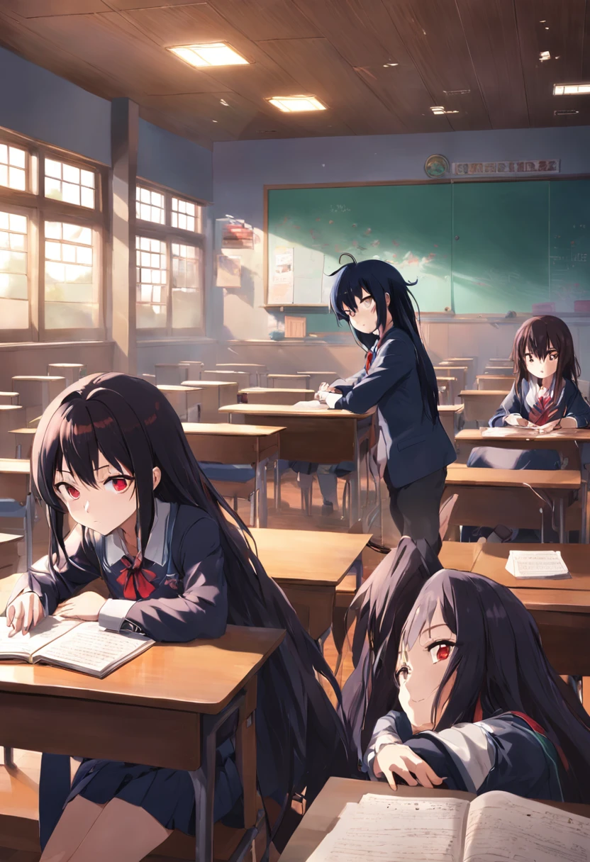 Anime girl with long black and red hair in class,The money in his hand crawled on the table and fell asleep,At the same table sits an anime boy with short black hair,Two high school students placed a stack of books in front of them,If it's a teacher,Sit in a window seat,The sun is shining outside the window