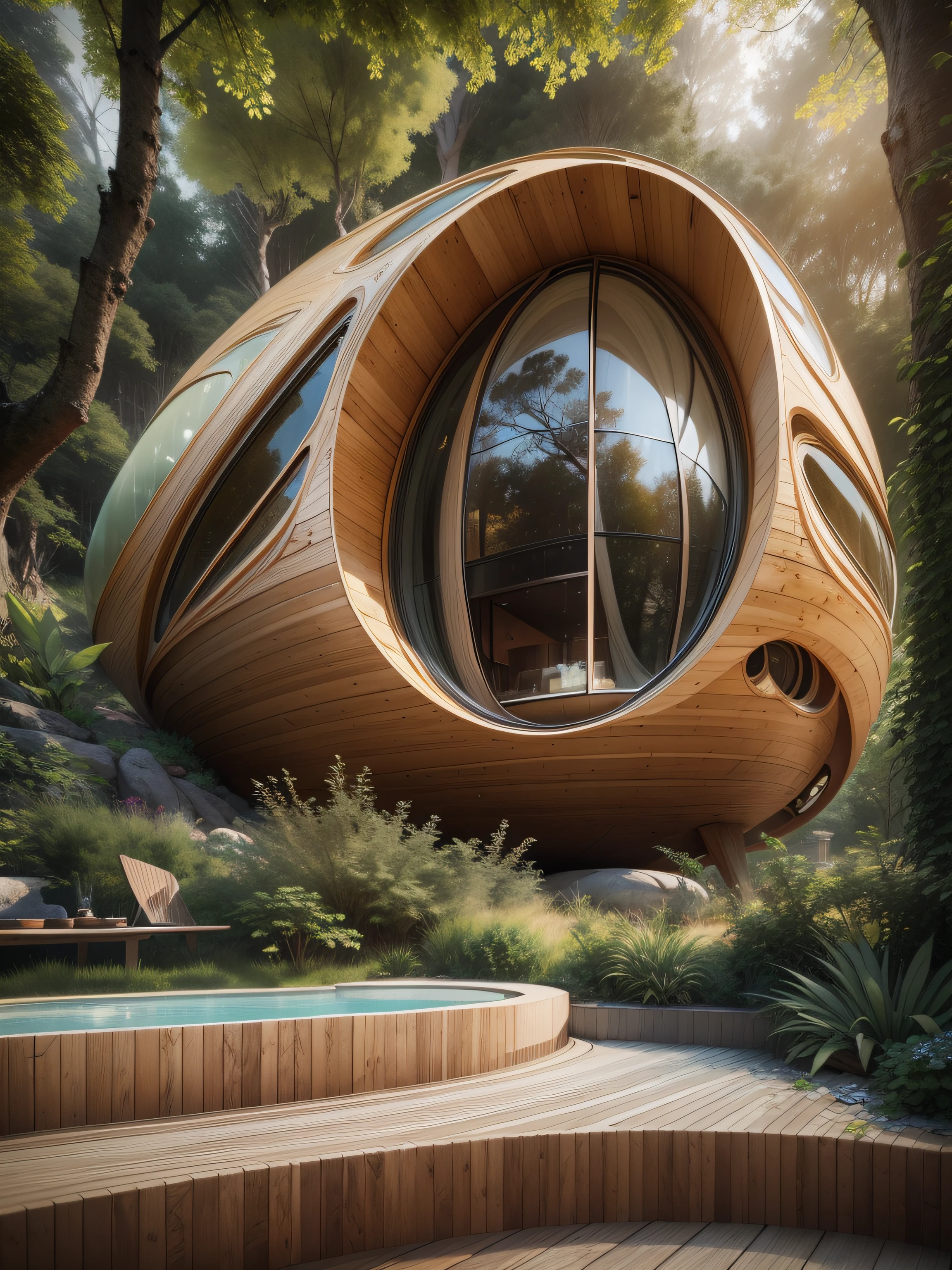 house residential wooden in gigant egg format, realistic photo of innocense  by Zaha Hadid design ::1.6 With pools and gardens. crease surface, sinuous. Cinematic, Photography, Ultra - Wide Angleб hyper - detailed, insane details, background with dense forest, intricate details, beautifully color graded, Unreal Engine ::1