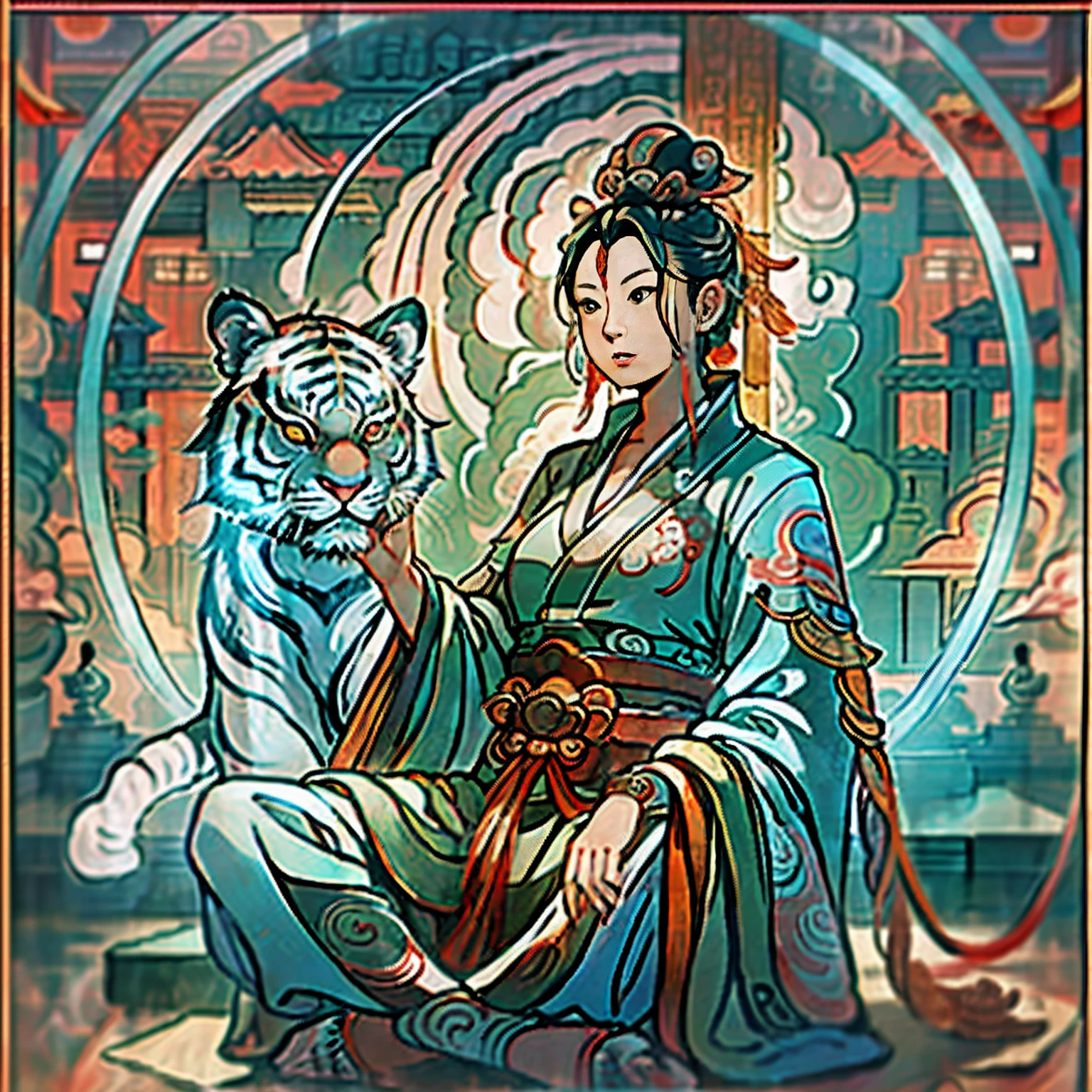 an ancient Chinese goddess, guanyin of the southern seas, Guanyin, Inspired by India, Avalokiteshvara rides a tiger,,Serene expression,shui mo hua,Buddha,Buddhist,Lotus,Chinese painting style,Thangka style