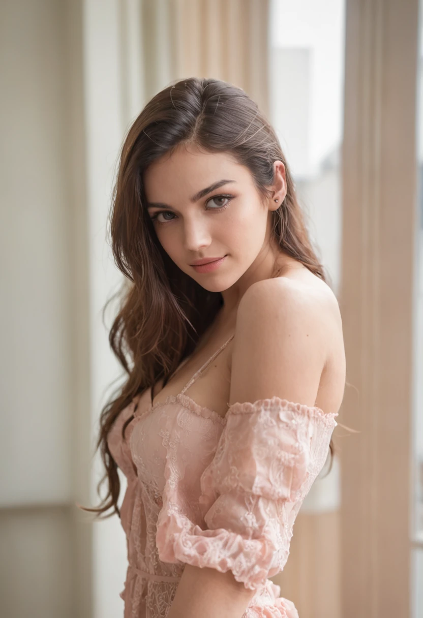 hermosa chica latina, 20 years old, desnudo, Tetas regulares y cara hermosa, smailing y divertido, cabello rizado, Full body in a hotel room, fotorealista, cinematic image,