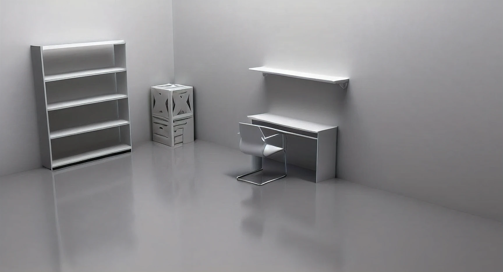 The white-walled room has a table and shelves, minimalist desk, Product rendering, minimalist home office, minimalist furniture, 3d minimalistic, simplistic design, product design render, 3 d product render, flat minimalistic, clean 3 d render, furniture concept photo!!, very realistic 3 d render, photographic render, 3d minimalistic art, desks