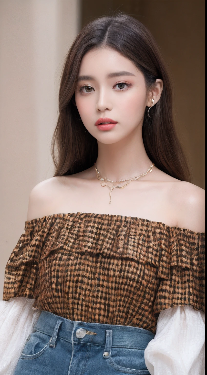one African model , hair model, Unique hair details, off shoulder blouse fashion, Near future, double eyelid, plump lips, professional makeup, perfect full body shot