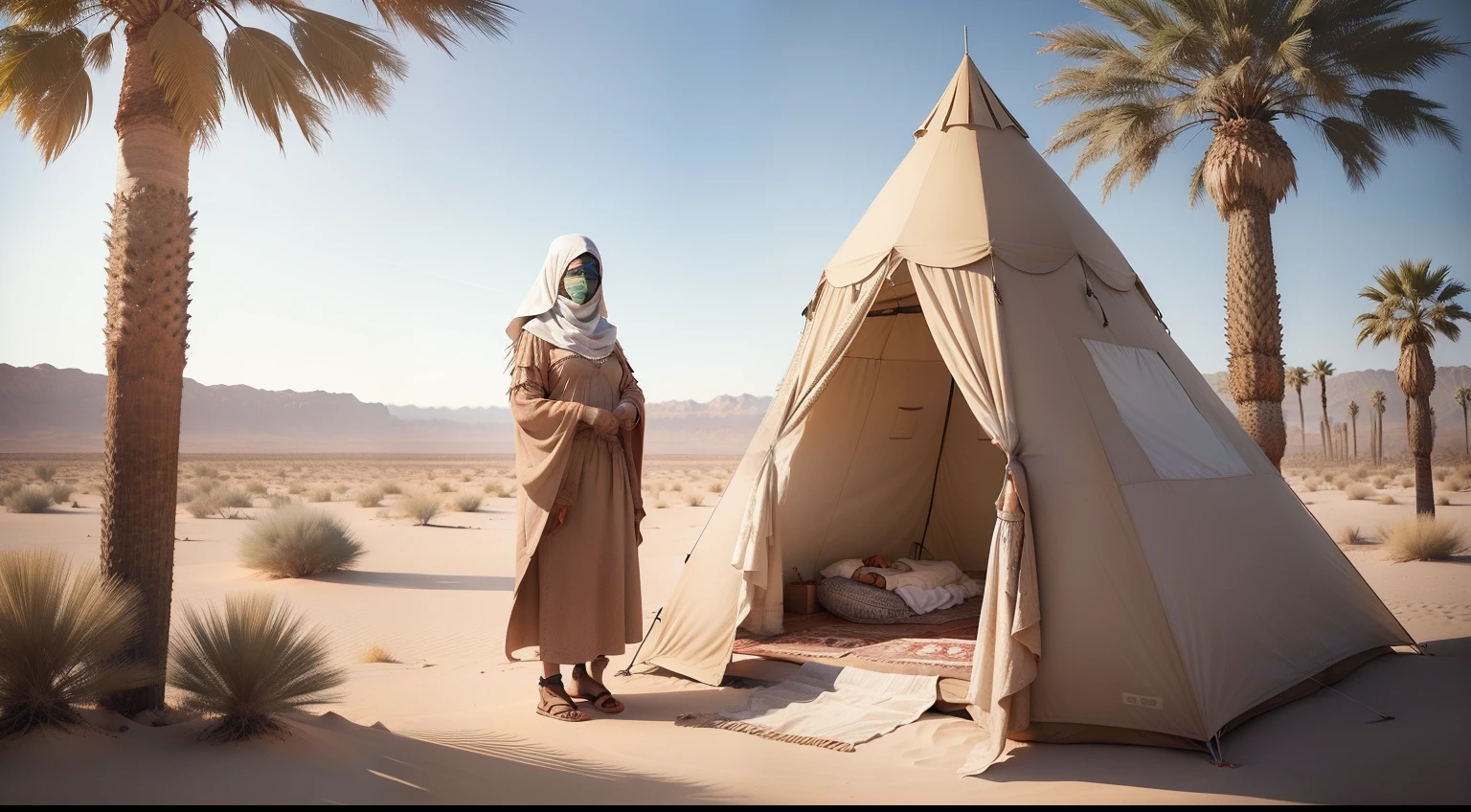 Woman in a tent in the middle of the desert Palm trees and desert plants wearing clothes from biblical times
