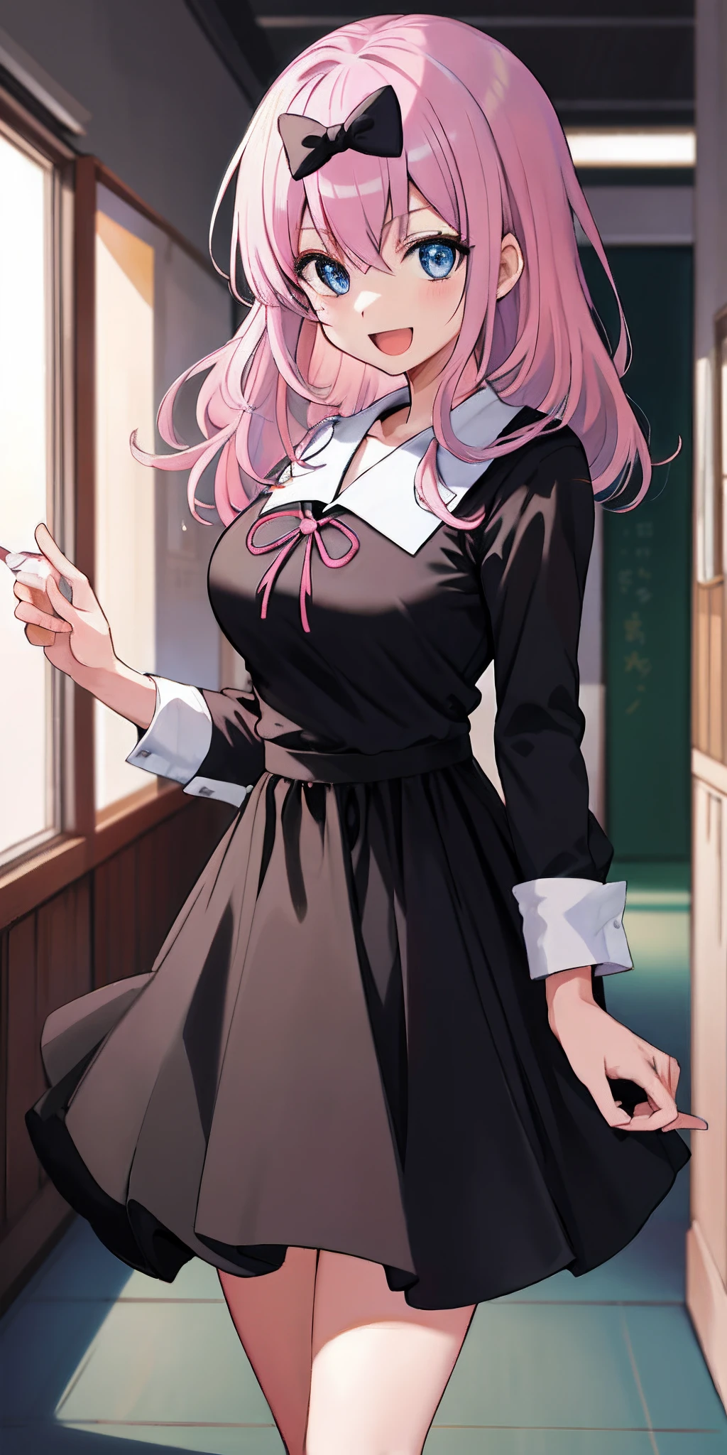 2d, masterpiece, best quality, anime, highly detailed, cowboy shot, 1girl, solo, fujiwara chika, blue eyes, pink hair, hair bow, black bow, school uniform, summer uniform, large breasts, standing, indoors, hallway, :d