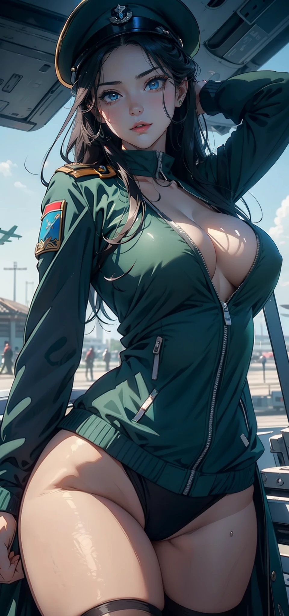 1female,35yo,plumw,extremely large bosom, 独奏,(Background with:aerodrome,Planes,) She has long black hair,Stand on the plane,,seen from the front, hair straight, mostly cloudy sky,(((tmasterpiece),(Very detailed CG unity 8K wallpaper),best qualtiy,cinmatic lighting,detailed back ground,beatiful detailed eyes,Bright pupils,Blue eyes,(Very fine and beautiful),(Beautiful and detailed eye description),ultra - detailed,tmasterpiece,)),facing at camera,A high resolution,ultra - detailed),revealing breasts,Bare genitalia, Bulge,legs are open,Raised sexy,Camel toes,Flushed complexion,Desire for dissatisfaction,frontage,Italian Air Force,Aviator,Officer's cap(Wearing:Dark green bomber jacket,Black pantyhose)