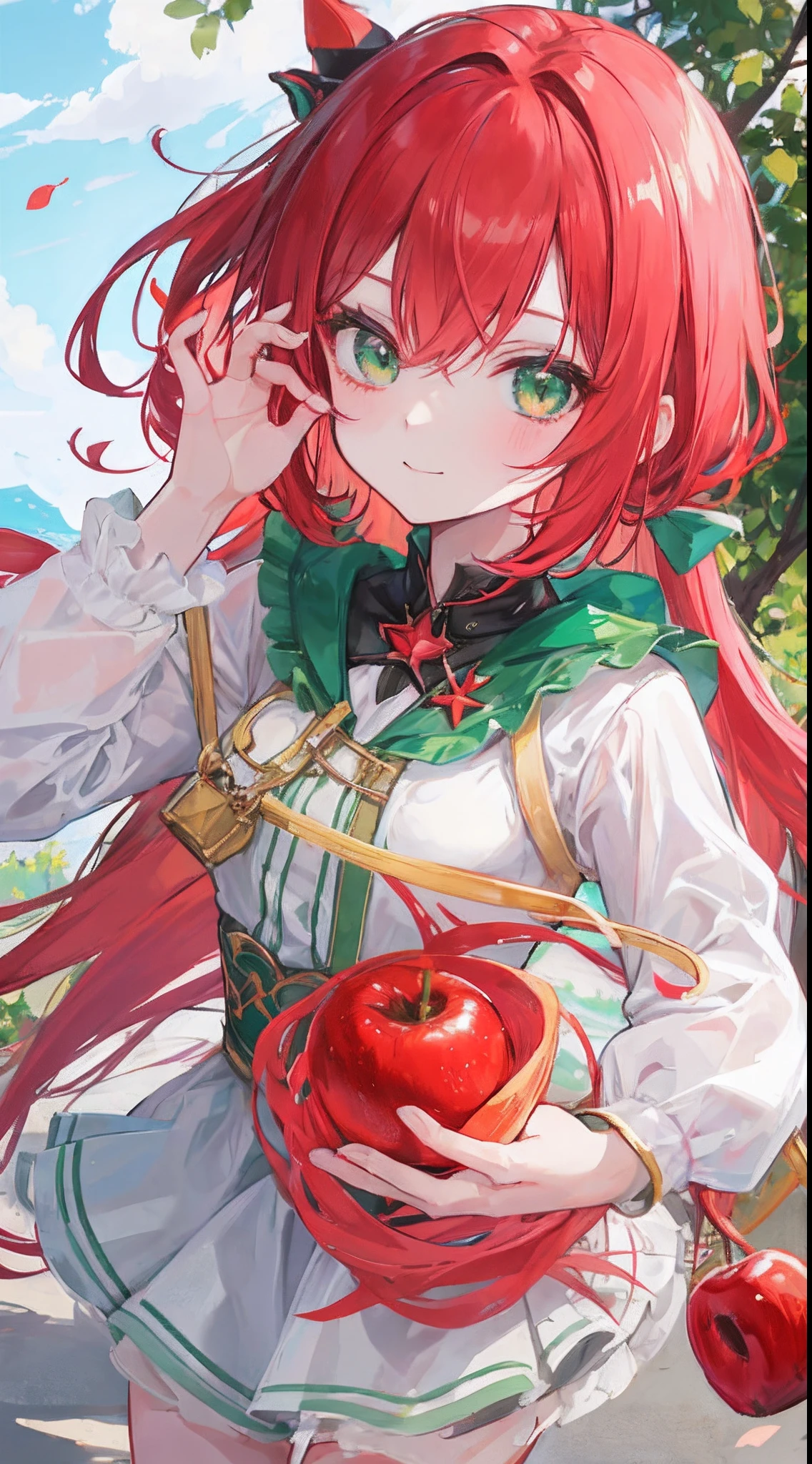 anime  with red-vibrant hair, and green eyes, holding an apple, she smiled beautifully and charmingly.