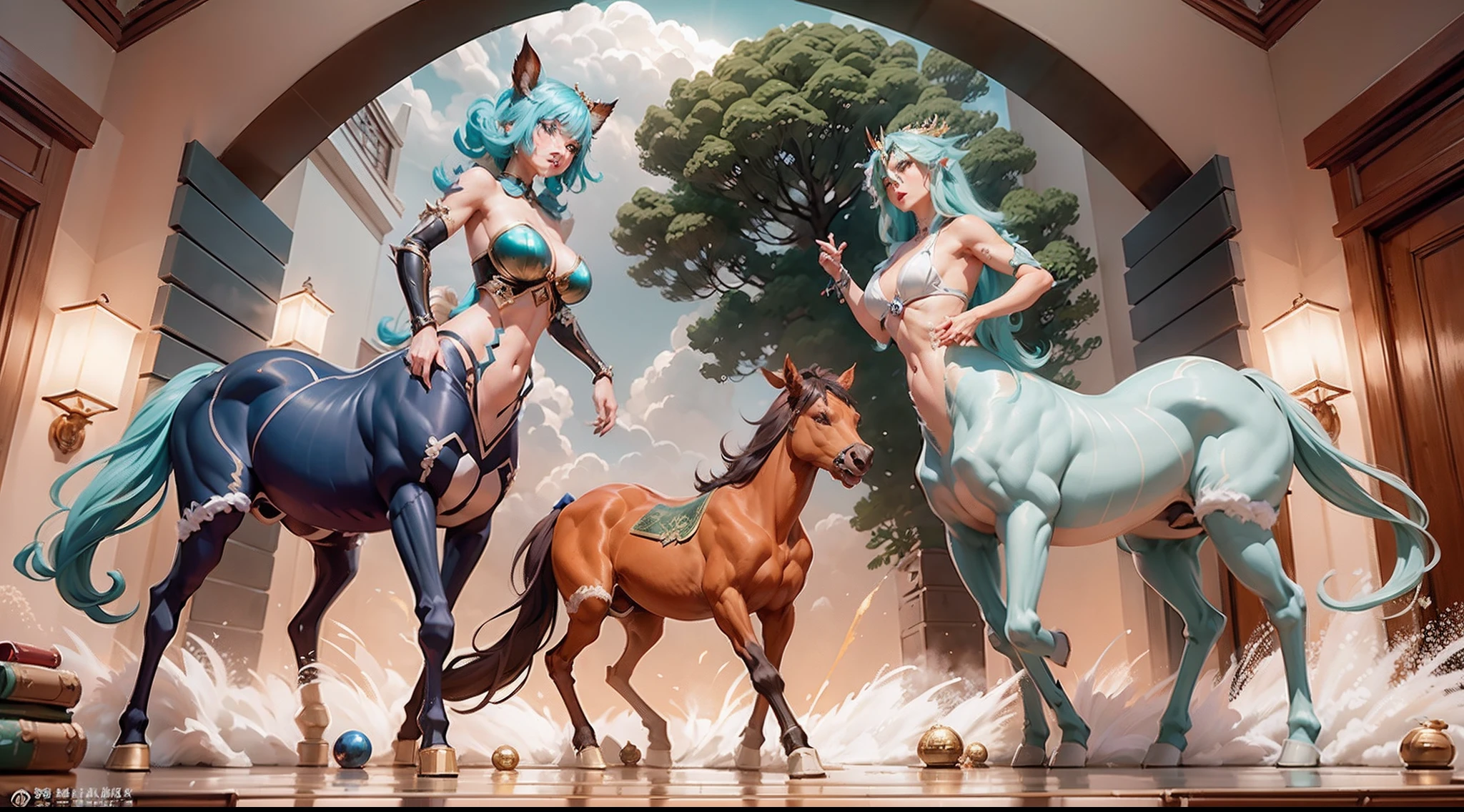 In the beautiful illustration of this super-grand scene,The ultra-long-range lens is shown(Over eight unique centaur characters:9.9),They all have their own characteristics,Vivid and interesting。Radiant angelic centaurs from the heavenly realm,To the hellish centaurs surrounded by nightmarish flames,And then to the Wind Fairy Centaur dancing in the air,There are also one-horned centaurs surrounded by thunder and lightning,and mechanical centaurs that shine with metallic light,And then to the powerful dragon centaur with colored dragon scales covering the whole body,The elegant and agile elf centaur always wears a flower crown with its slender graceful lines,Enchanting and charming Tiflin centaurs。Each character has their own unique charms and abilities。The illustration uses advanced artistic techniques and tools,(Divide the scene into sections by geometric arrangement:9.9),Each section corresponds to a centaur character,This makes more efficient use of space。Through Midjourney's advanced brush tools、Color palette、Material packs and model packs,For each centaur, beautiful props are designed to increase racial characteristics、Clothing and physical features,Enhances the character's personality and visual appeal。The scenery in the illustrations is stunning,There are changing skies、rainbowing、extreme light、Stars and Moon。Incorporating iconic landmarks such as Mount Everest,and fireworks、tranquil lake、Natural and urban elements of waves and neon lights,Creates a magical atmosphere。The centaurs display their unique abilities and equipment in a variety of environments,This is true even in extreme alien landscapes。(Use Midjourney's tools、Material packs、Texture tools、The color palette makes depicting details vivid and realistic:9.9),From complex hairstyles and as well as different racial traits、Body、Appearance features、Clothing to real textures,This greatly enhances the realism of the characters and surroundings。The fusion of multiple art styles adds movement to the centaur's
