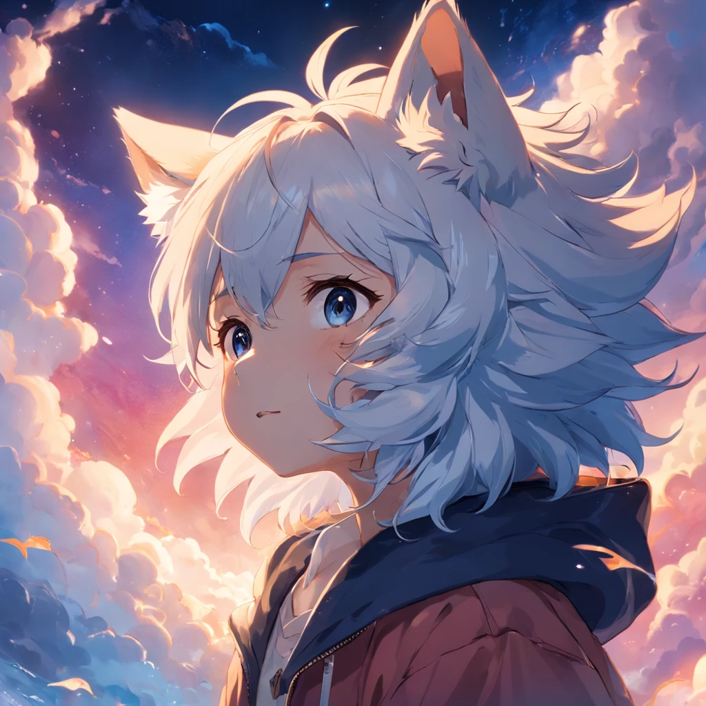 tmasterpiece、best qualtiy,Captivating movie stills,1 boy floating in the sky,Has wolf ears,Sky blue flull,Happy expression,Fantastical colors,Furry appearance,close up shoot,brightly、cheerfulness、Warm and soft lighting,Full of romantic sunsets,Sparks fly