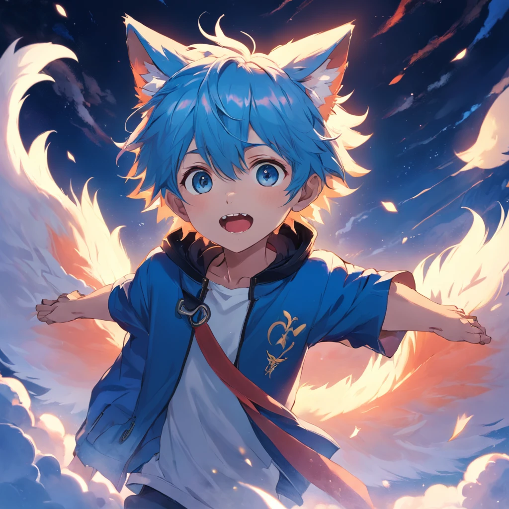 tmasterpiece、best qualtiy,Captivating movie stills,1 boy floating in the sky,Has wolf ears,Sky blue flull,Happy expression,Fantastical colors,Furry appearance,close up shoot,brightly、cheerfulness、Warm and soft lighting,Full of romantic sunsets,Sparks fly