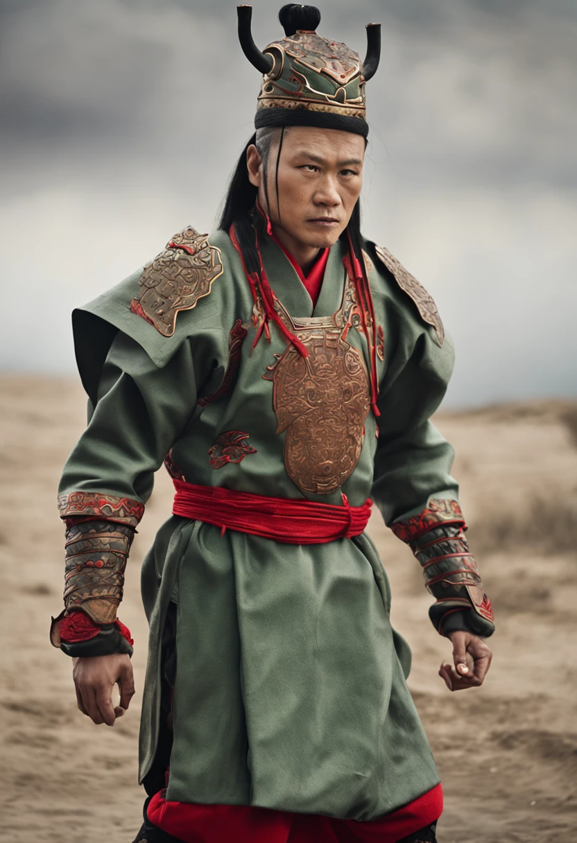 Ancient Chinese martial arts warriors，cabelos preto e longos，Egg-shaped face，A little red mole on the center of the eyebrows，The eyes are cold，Brunette crown，Light green flowing long coat