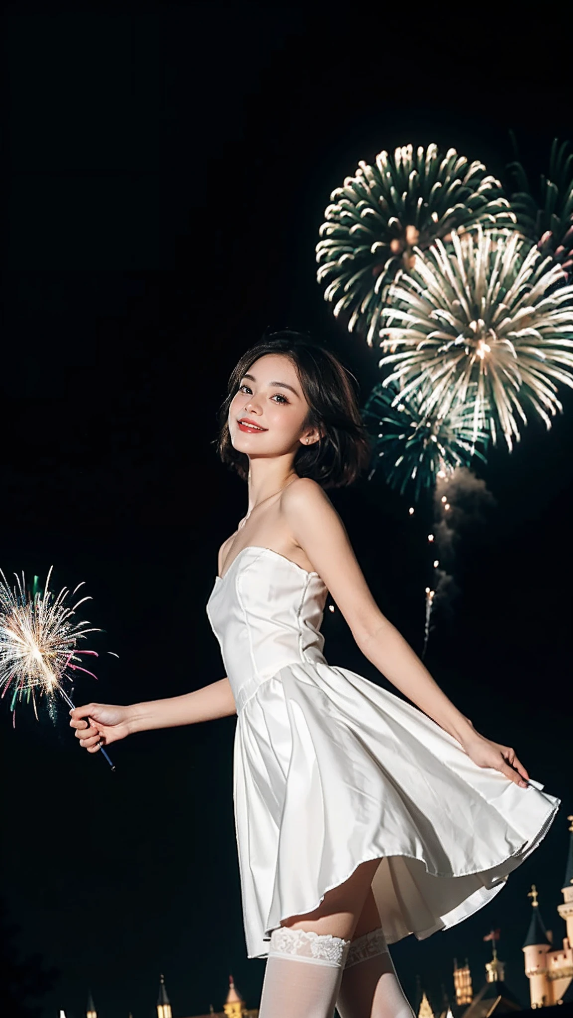 ((smallunderboob,Tomboyish,small heads)), (Well-defined abs: 1.1), (perfect bodies: 1.1), (shoulder-length straight short hair: 1.2), Black hair, upper body, attractive collarbone，（极其细致的CG 8k壁纸），（Extremely refined and beautiful），（Masterpiece），（best qualtiy：1.0），（超高分辨率：1.0），beautiful light up，Perfect lightning，realistic shaded，[A high resolution]，Smooth and flawless fair skin，ultra - detailed ，Elongated legs，flatchest，Slim，emaciated，Smile，cheerfulness，Gorgeous fairy tale princess Lolita dress，White stockings，White crystal high heels,Holding Fireworks Stick in hand，summer，night，At Disneyland，Large fairytale castle，Fireworks all over the sky，Clear starry sky，Close-up，cowboy shot