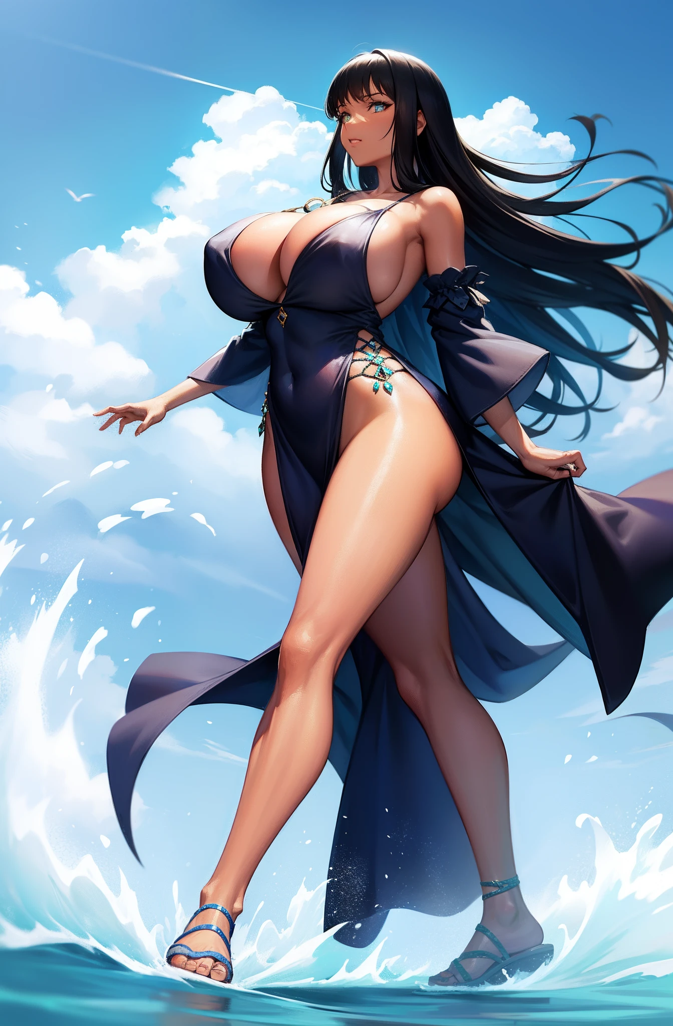 mountain watermountain watermountain water,Osira , huge breast, long dress, hime cut, darkskinned-female, walking, full body, flip flops, long robe,egelikadini