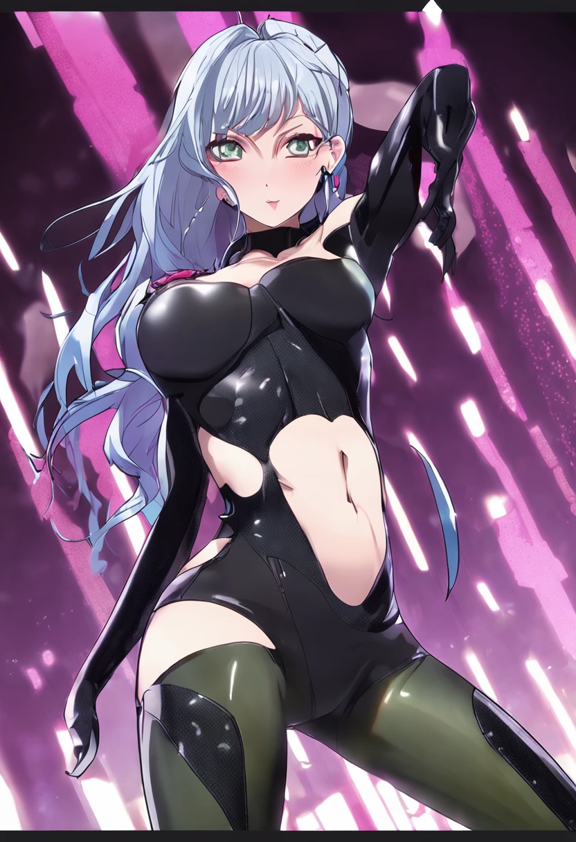 NSFW:1.5,full:1.4、stands、frombelow:1.3、looking at viewer,masterpiece,3D、realisitic、Ultra Micro Photography、best qualtiy、Ultra Detailed CG Unity ,8K,Wallpaper perfect face,intricate detailes、(1 female)、25-years old、((asagi
bodysuit,Taimanin suit,Full body fishnet stockings)),Sexy and dynamic model poses,Erotic pose with legs wide open,Blue hair、Insane Ron Hair、Fluttering in the wind,Bangs、huge-breasted,Huge,pointy breasts,large areolae, (Burst breasts:1.4、Slender and muscular,、Muscular abs,Very small face、tall and perfectly proportioned、Sexy and long legs,muscular thigh,big butts,Emphasis on the crotch,Cameltoe、vulvashaped:1.25,High leg cut latex leotard,Very thin and fitting high-gloss purple holographic leather:1.3, )、Beautiful expression, beautidful eyes,((Very Clean Face、Face Details:1.5、Bright green eyes、Outline of the iris,Beautiful expression、beautidful eyes、shinny eyes、thin lips:1.3、thin and sharp pale eyebrows,、long dark eyelashes、Double eyelashes))、Cleavage breasts、Sexy boldly big、pureerosface, Visible Pore、 perfect hand:1.5、Long Japan sword in hand,battoujutsu stance,arma,ふしだらな、Pose Seductive、stripper、highly dramatic picture、octane renderings、Late night in the rain,City Skyline, Neon light, ciber,Movie Lighting