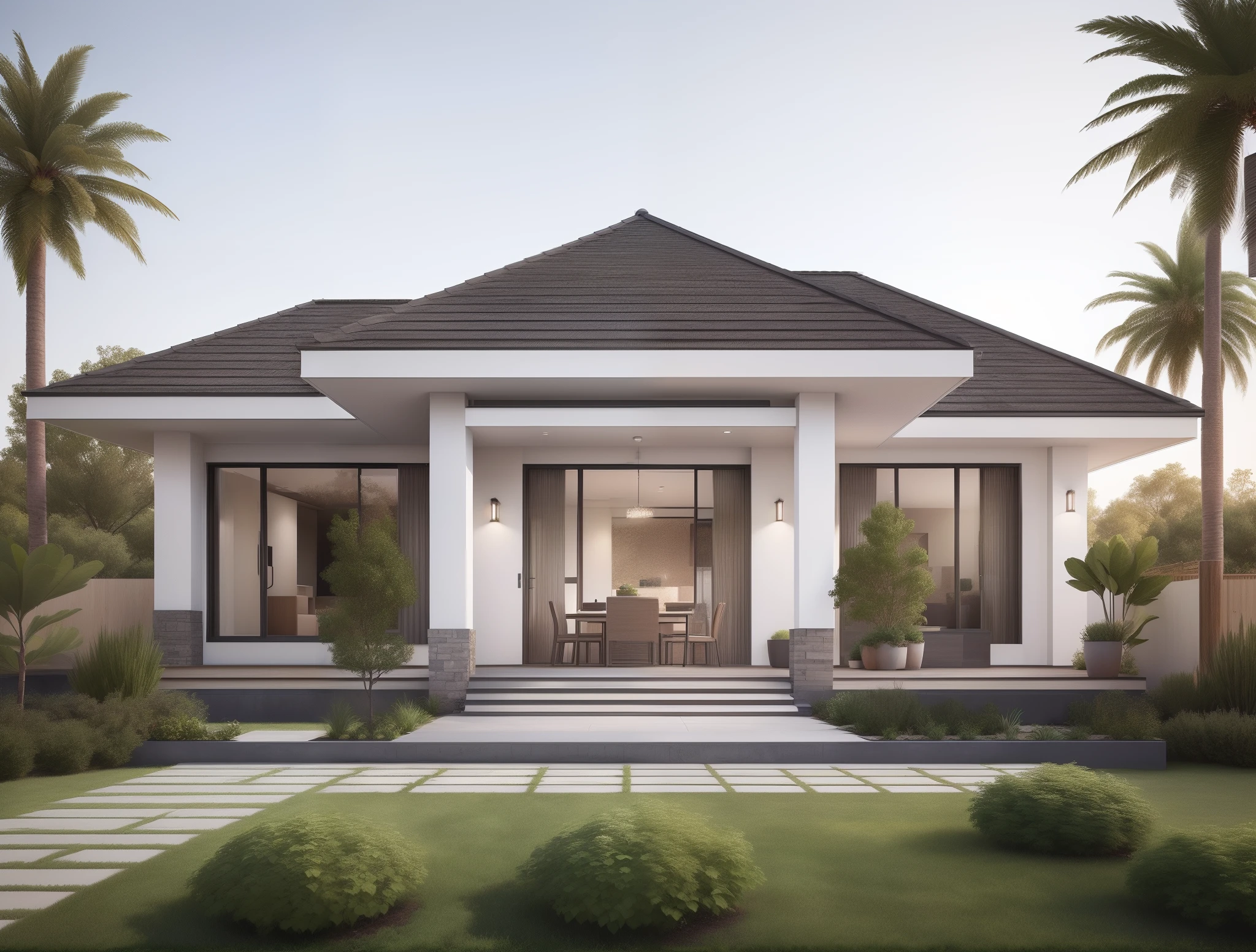 a rendering of a modern house with a large front yard, front view dramatic, elegant render, stunning render, beautiful rendered, exterior design, beautifully detailed render, very symmetrical, beautifully symmetrical, award-winning render, wide angle exterior 2022, clean render, front perspective, breathtaking render, highly rendered!!, clean and pristine design, award winning render