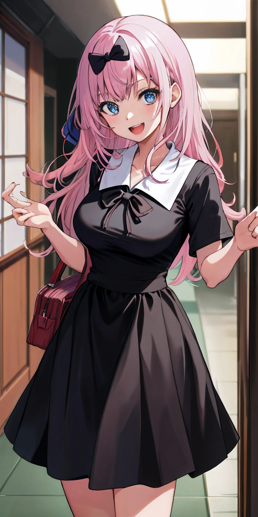 2d, masterpiece, best quality, anime, highly detailed, cowboy shot, 1girl, solo, fujiwara chika, blue eyes, pink hair, hair bow, black bow, school uniform, summer uniform, large breasts, standing, indoors, hallway, :d