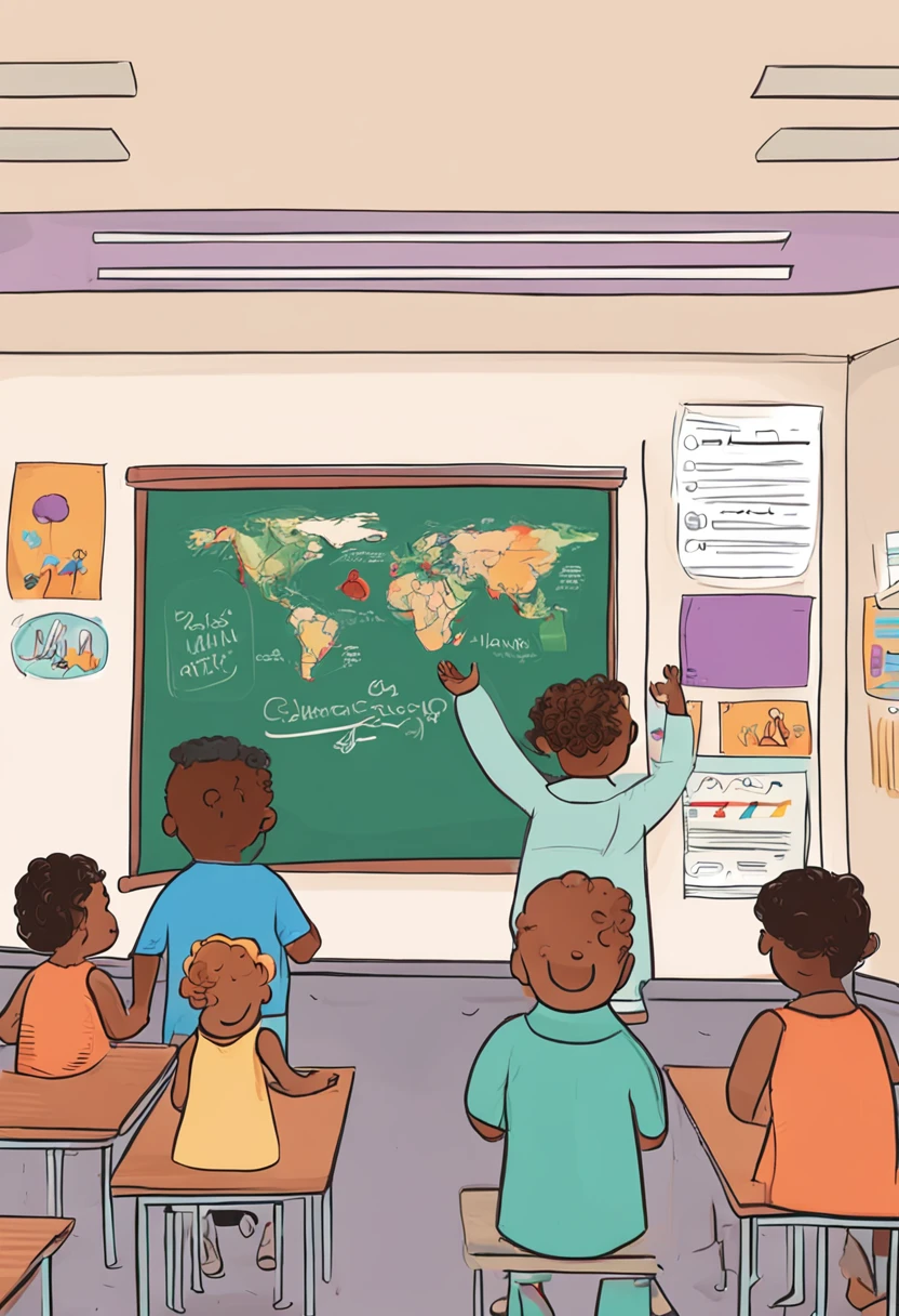 transgender teacher leading a kinder-garden class in a lesson about sexual identity with diagrams and illustrations on the blackboard