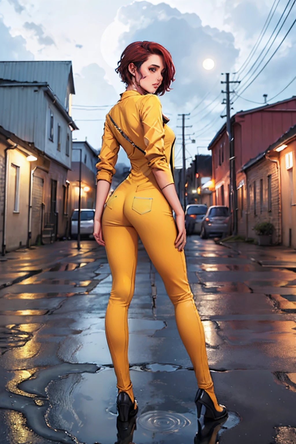 aprnil, (a woman in yellow jumpsuit, one-piece jumpsuit), short red hair, white boots, sleeves rolled up, (photorealistic:1.4, masterpiece, sidelighting, full body), standing with back, full length, from very below, detailed background, focus on ass, outside, industrial zone background, narrow street, night, puddles on asphalt, reflection, small moon in sky, starry, after rain