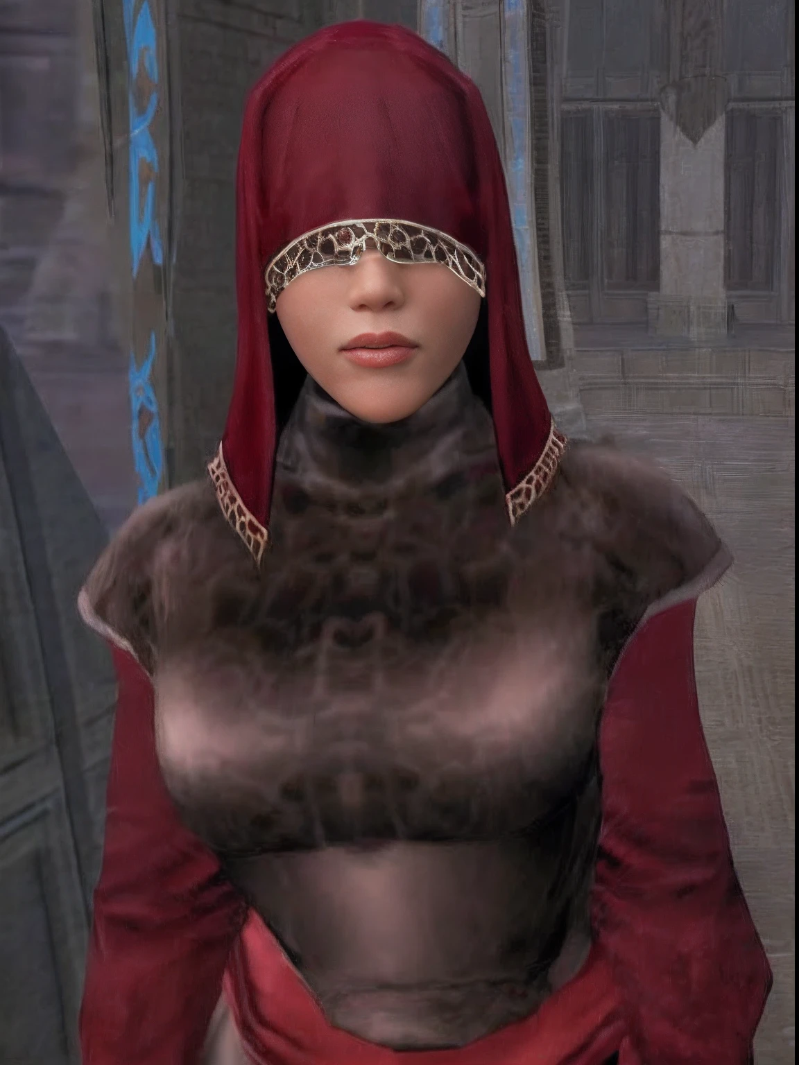 a close up of a woman in a red and brown outfit, wearing cultist red robe, wearing sith hood, ferred - themed robes and hat, female jedi, flowing robes and leather armor, portrait of a female mage, snake-head female assassin, dark robe, scaled robes, hooded cloaked sith lord, wearing dark robe, wearing gilded red robes