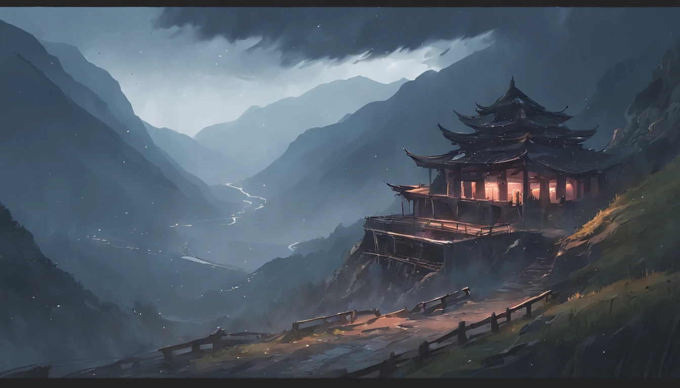 Mountain pass with wooden fortress under storm, Photorealism, Cinematic lighting