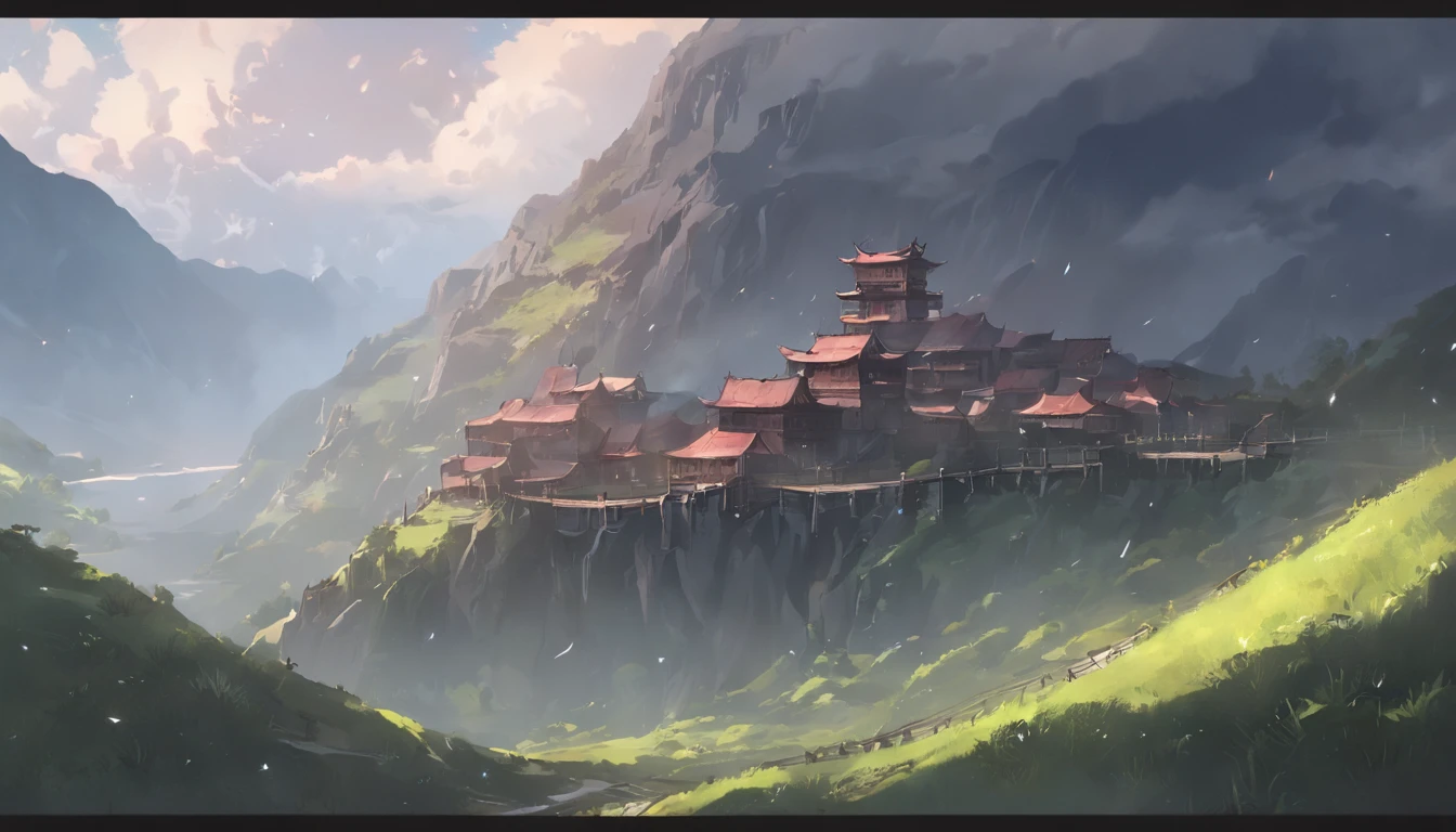 Mountain pass with wooden fortress under storm, Photorealism, Cinematic lighting
