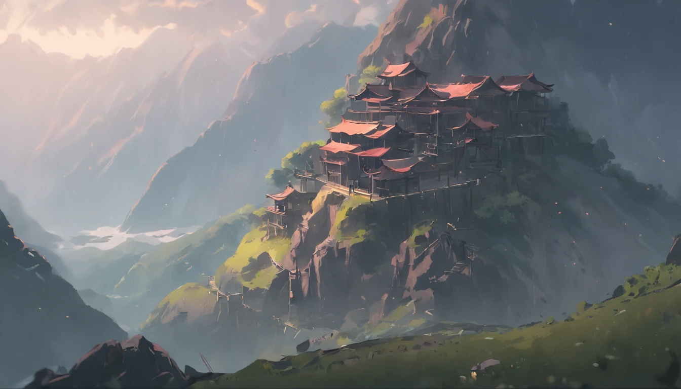 Mountain pass with wooden fortress under storm, Photorealism, Cinematic lighting