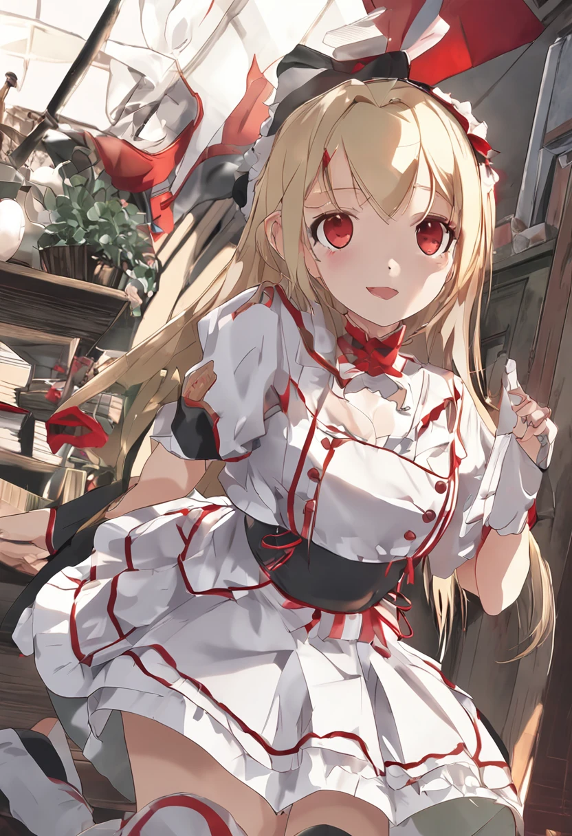 The blonde、red eyes、Beautiful girl alone、独奏、anime big breast、Maid clothes、cropped shoulders、A miniskirt、inside in room,Hands lifted up in skirts,Be red in the face,White knee-length socks,dual horsetail