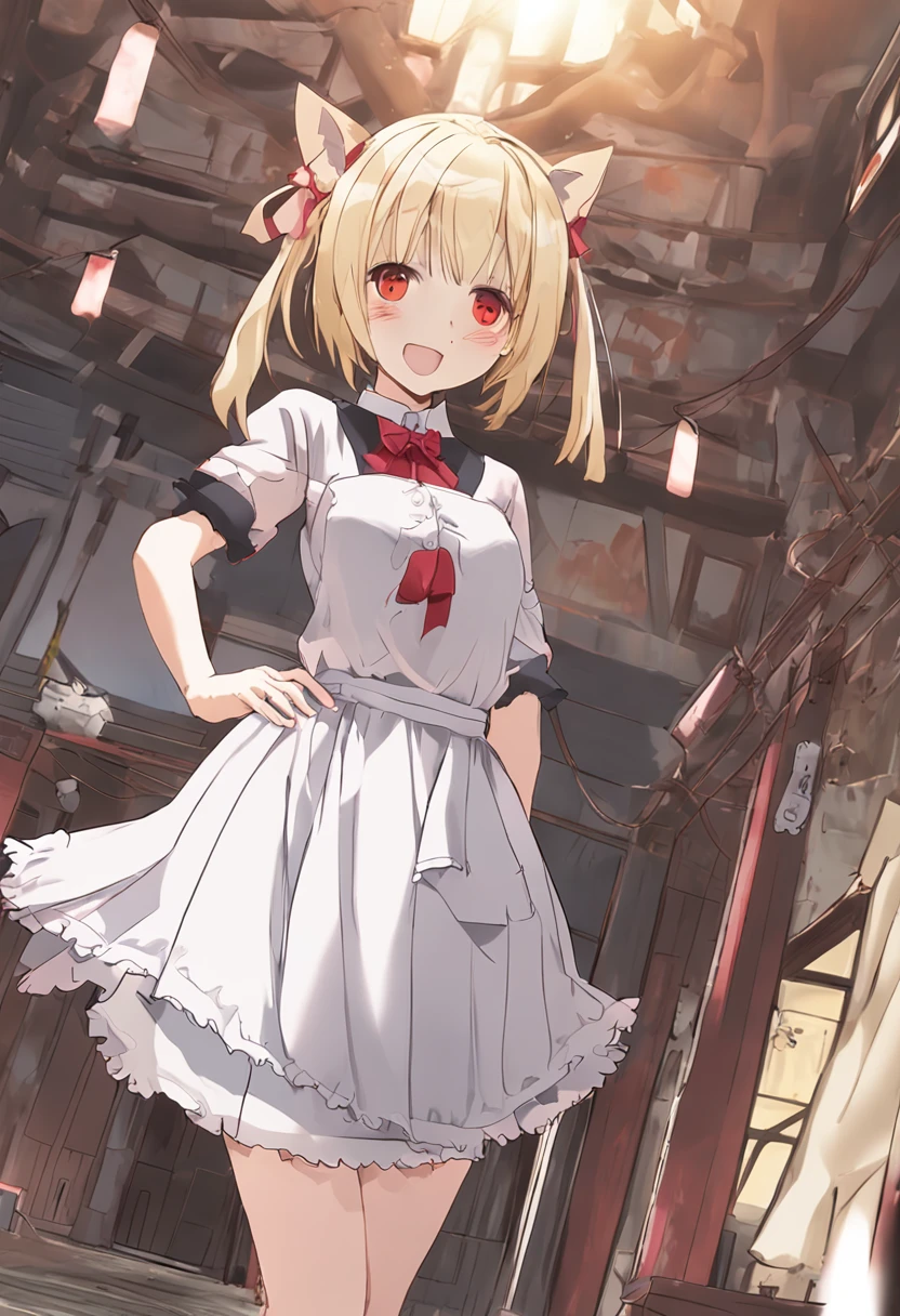 The blonde、red eyes、Beautiful girl alone、独奏、anime big breast、Maid clothes、cropped shoulders、A miniskirt、inside in room，Hands lifted up in skirts，Be red in the face，White knee-length socks，dual horsetail