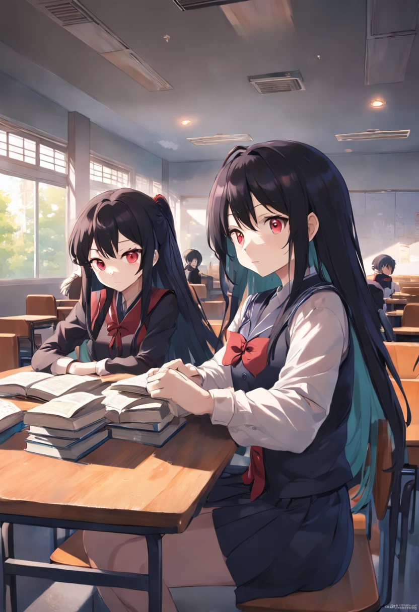 Anime girl with long black and red hair in class,The money in his hand crawled on the table and fell asleep,At the same table sits an anime boy with short black hair,Two high school students placed a stack of books in front of them,If it's a teacher,Sit in a window seat,The sun is shining outside the window