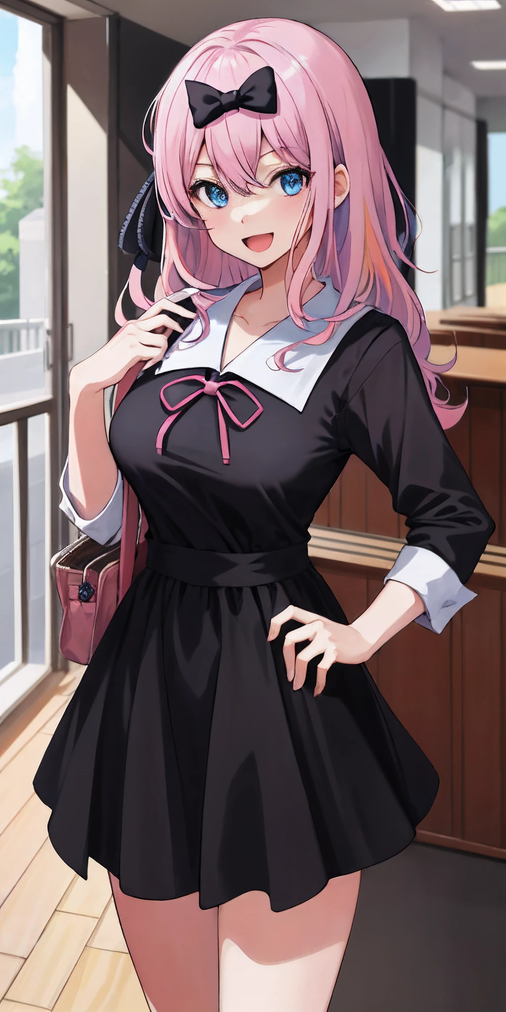 2d, masterpiece, best quality, anime, highly detailed, cowboy shot, 1girl, solo, fujiwara chika, blue eyes, pink hair, hair bow, black bow, school uniform, summer uniform, large breasts, standing, indoors, hallway, :d