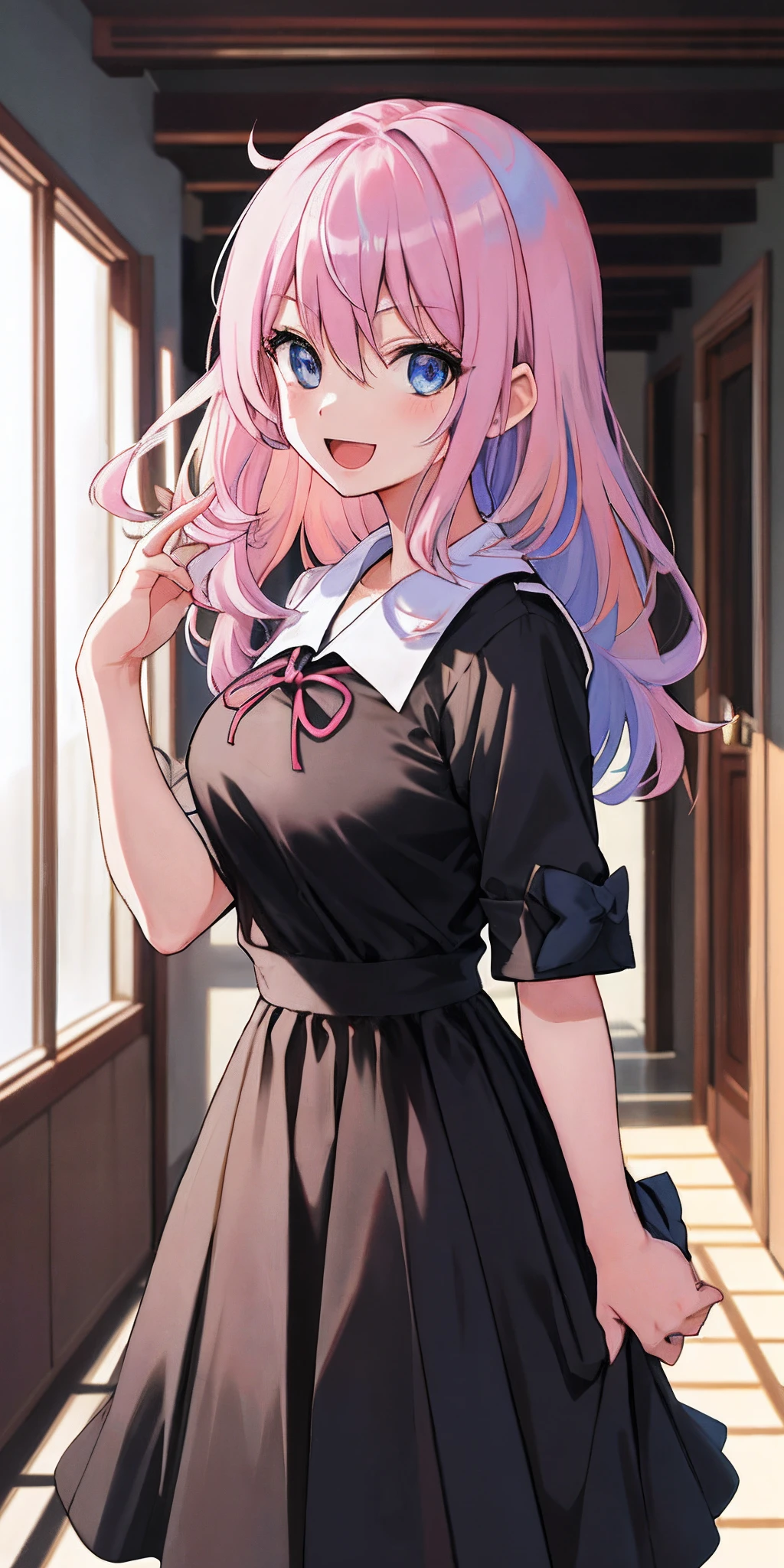 2d, masterpiece, best quality, anime, highly detailed, cowboy shot, 1girl, solo, fujiwara chika, blue eyes, pink hair, hair bow, black bow, school uniform, summer uniform, large breasts, standing, indoors, hallway, :d