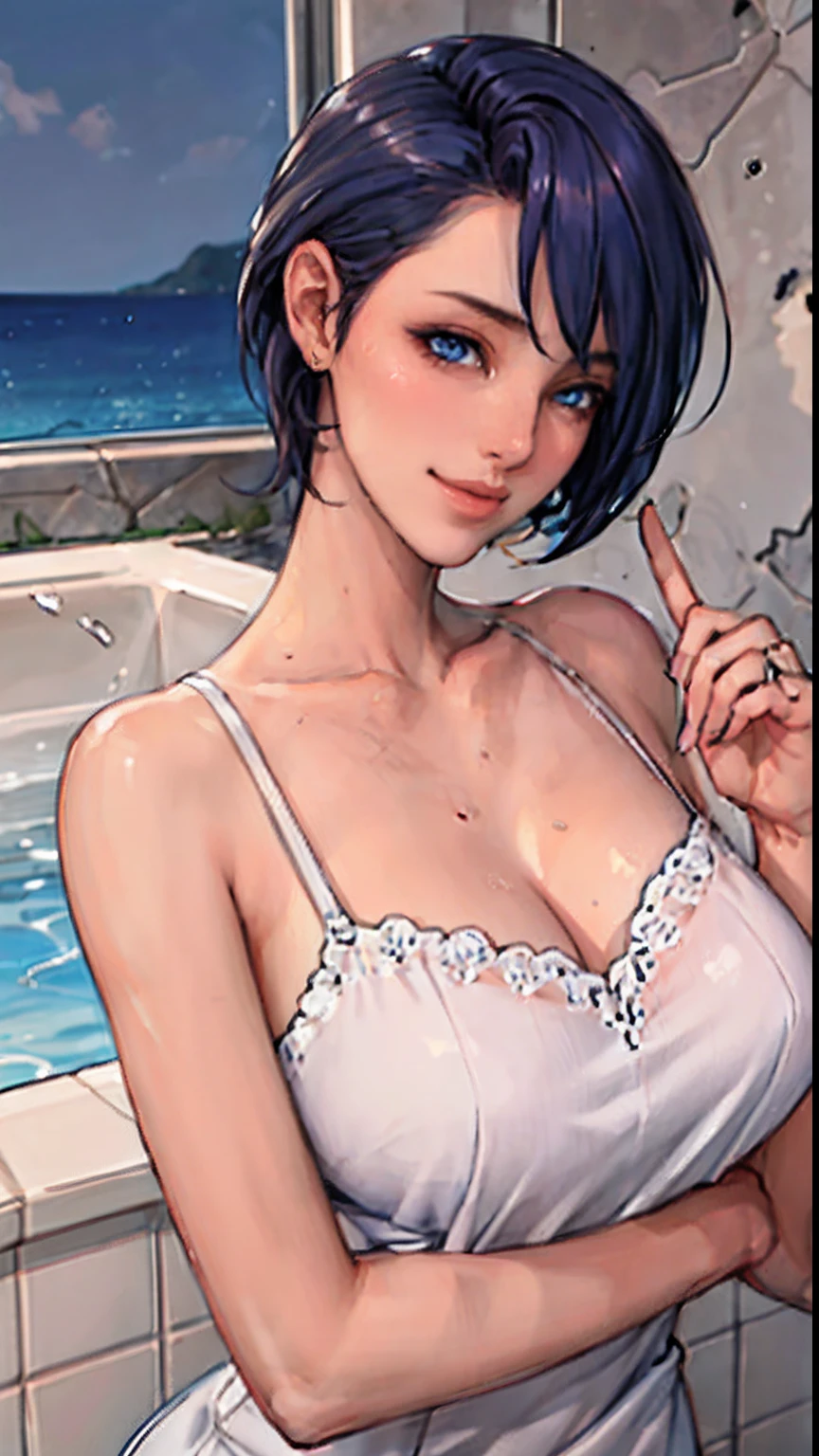 swim wears、hposing Gravure Idol、Medium Hair, Heart-shaped pupil, Raised eyebrows, Smile, puckered lips, surrealism, renaissance, Anime, Anime style, Cinematic lighting, depth of fields, god rays,