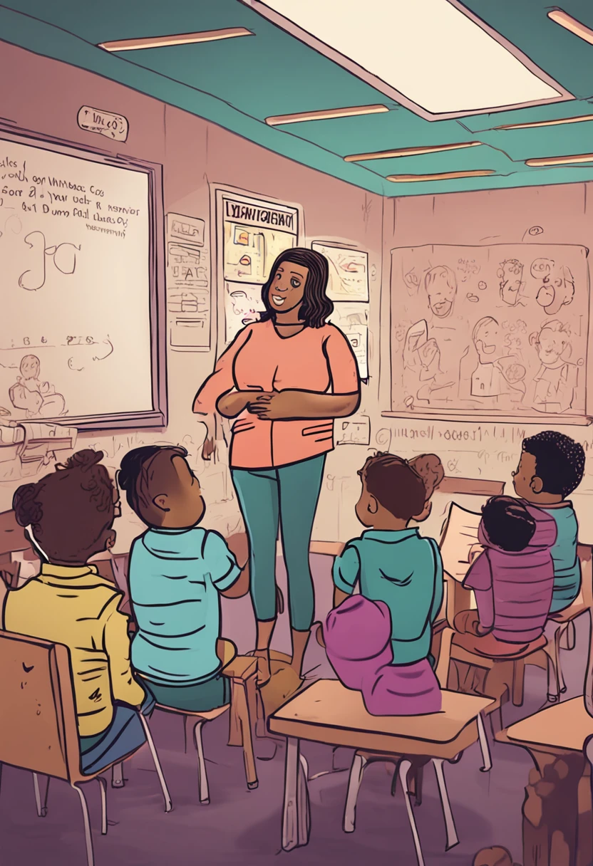 transgender teacher leading a kinder-garden class in a lesson about sexual identity with diagrams and illustrations on the blackboard with very large breasts, dressed in a tight sext cat outfit with whiskers and furry ears