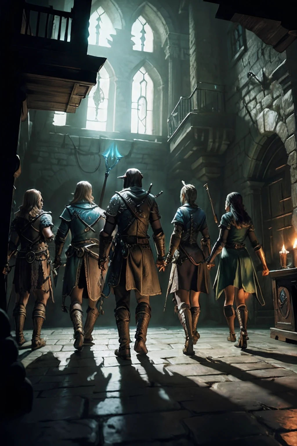 masterpiece, ((best quality:1.2)), wallpaper 8k, ((5 people:1.2)), adventure fantasy, party, rpg, ((dungeon:1.2)), horror, darkness