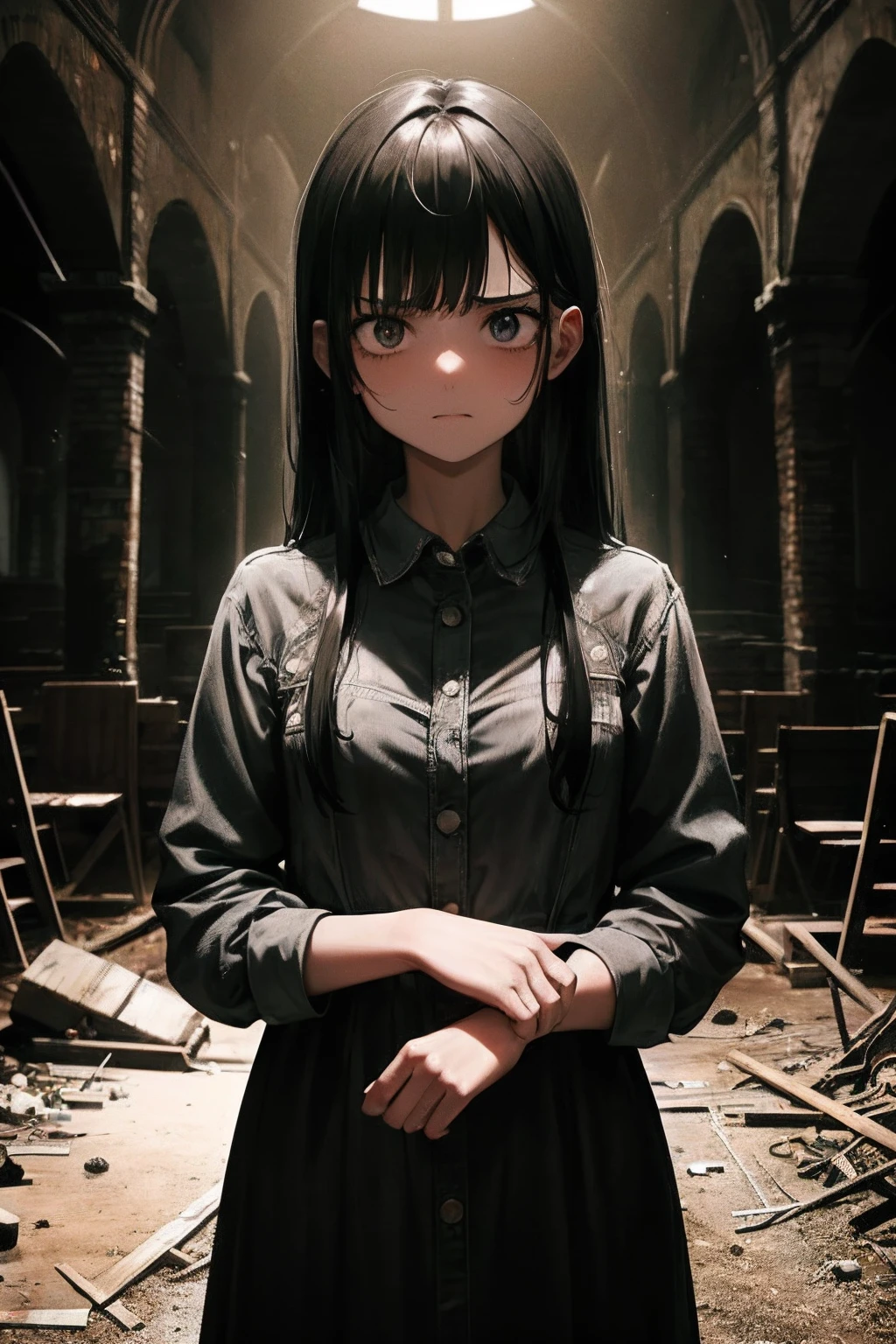 1girl, black hair, kids, (cowboy_shot:1.2), face focus, long hair, sidelocks, scared, (terrified:1.1) expression, atmospheric lighting, moody, darkness, in an old abandoned church, dusty, post-apocalypse, cobwebs, superb, beautiful 8k wallpaper, extremely detailed, intricate