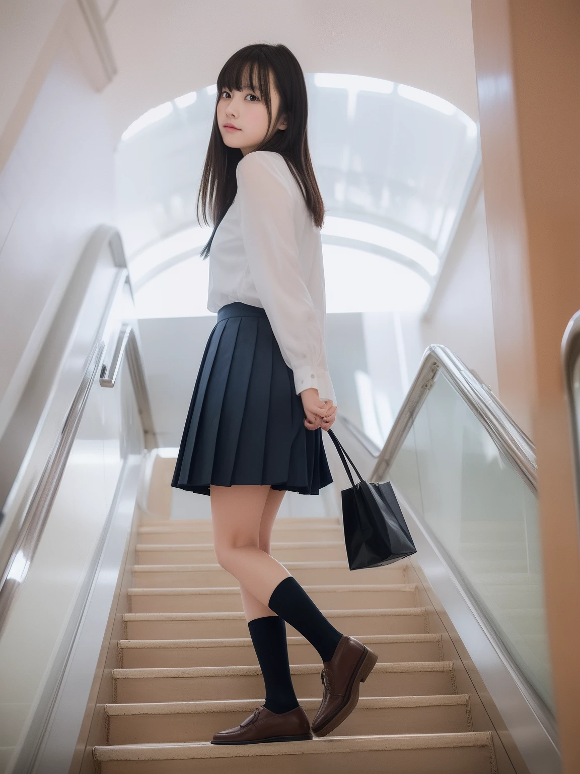 High school girl looking back in the middle of a big uphill escalator in a big shopping mall,White blouse and checked pleated skirt,Dark blue socks,Brown loafers,18year old
