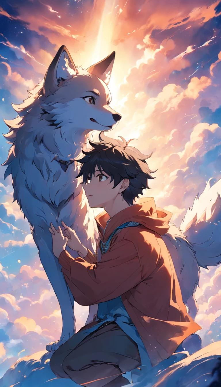 tmasterpiece、best qualtiy，Engaging movie stills，1 boy floating in the sky，There are wolf ears，Sky blue flute，Happy expression，Fantastical colors，Furry appearance，close up shoot，brightly、cheerfulness、Warm and soft lighting，Full of romantic sunsets，Sparks fly