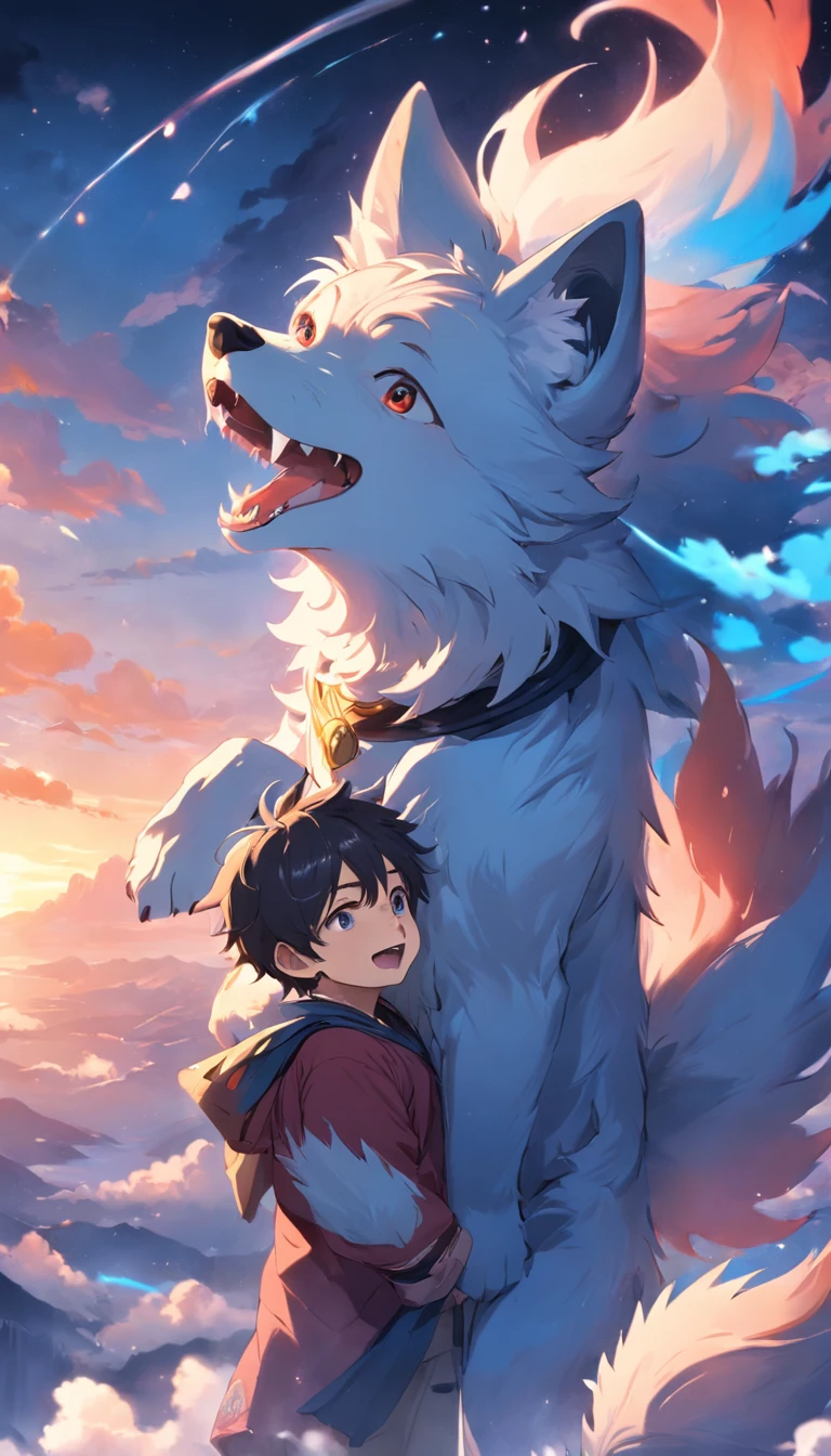 tmasterpiece、best qualtiy，Engaging movie stills，1 boy floating in the sky，There are wolf ears，Sky blue flute，Happy expression，Fantastical colors，Furry appearance，close up shoot，brightly、cheerfulness、Warm and soft lighting，Full of romantic sunsets，Sparks fly