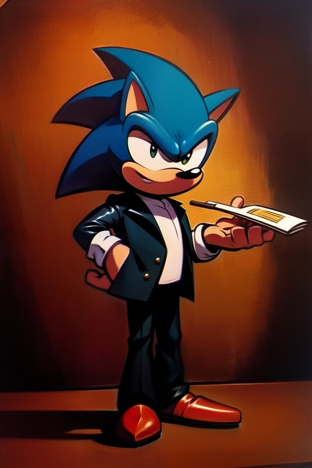 Sonic dressing like vito corleone, stern looking, cigarrete, oil painting