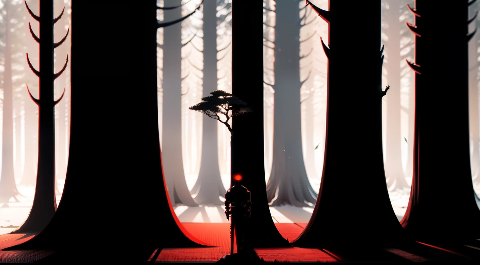 Ninja drilling tree in forest, 2D minimalista, vermelho preto e branco