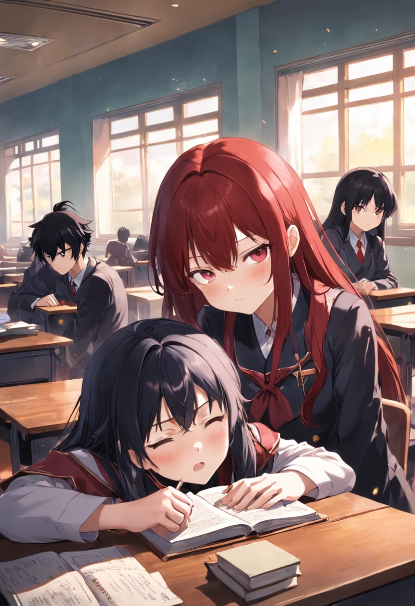 Anime girl with long black and red hair in class，The money in his hand crawled on the table and fell asleep，At the same table sits an anime boy with short black hair，Two high school students placed a stack of books in front of them，If it's a teacher，Sit in a window seat，The sun is shining outside the window